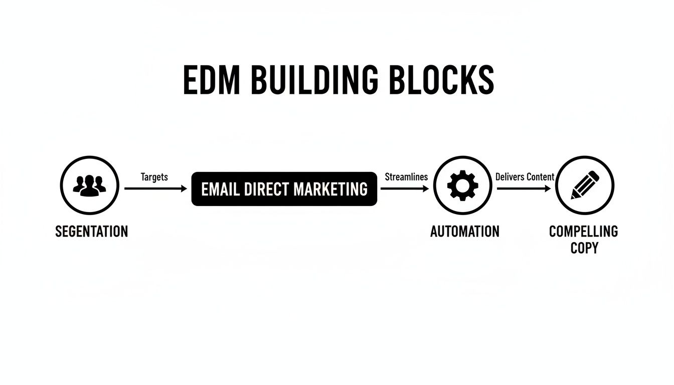 Flowchart outlining EDM building blocks: segmentation, email direct marketing, automation, and compelling copy.