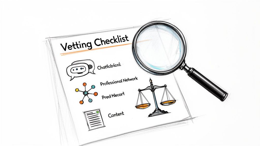 A Vetting Checklist on paper with items like AI, professional network, and content, examined by a magnifying glass.
