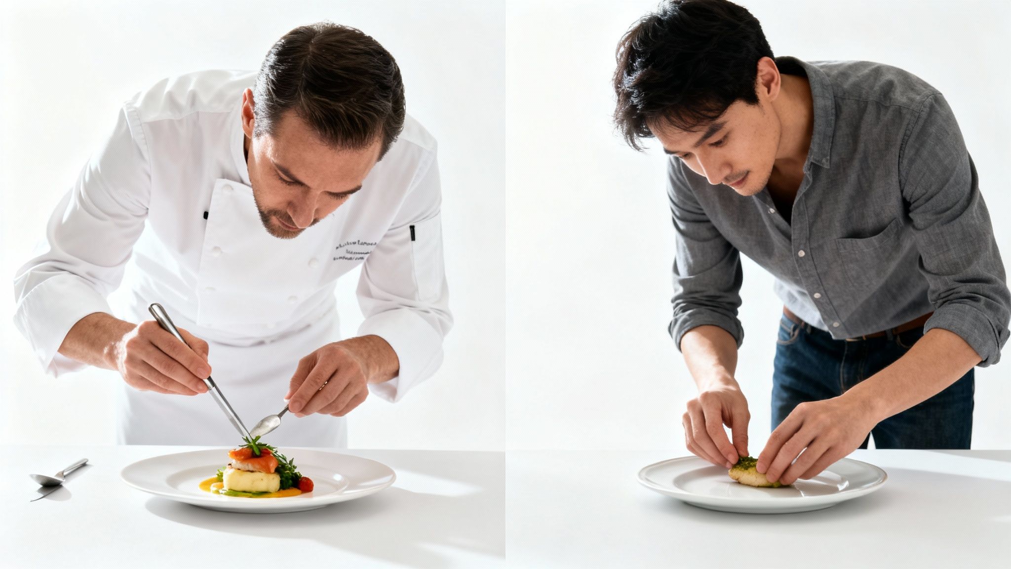 Two chefs meticulously plating intricate dishes with culinary tools on a clean white surface.