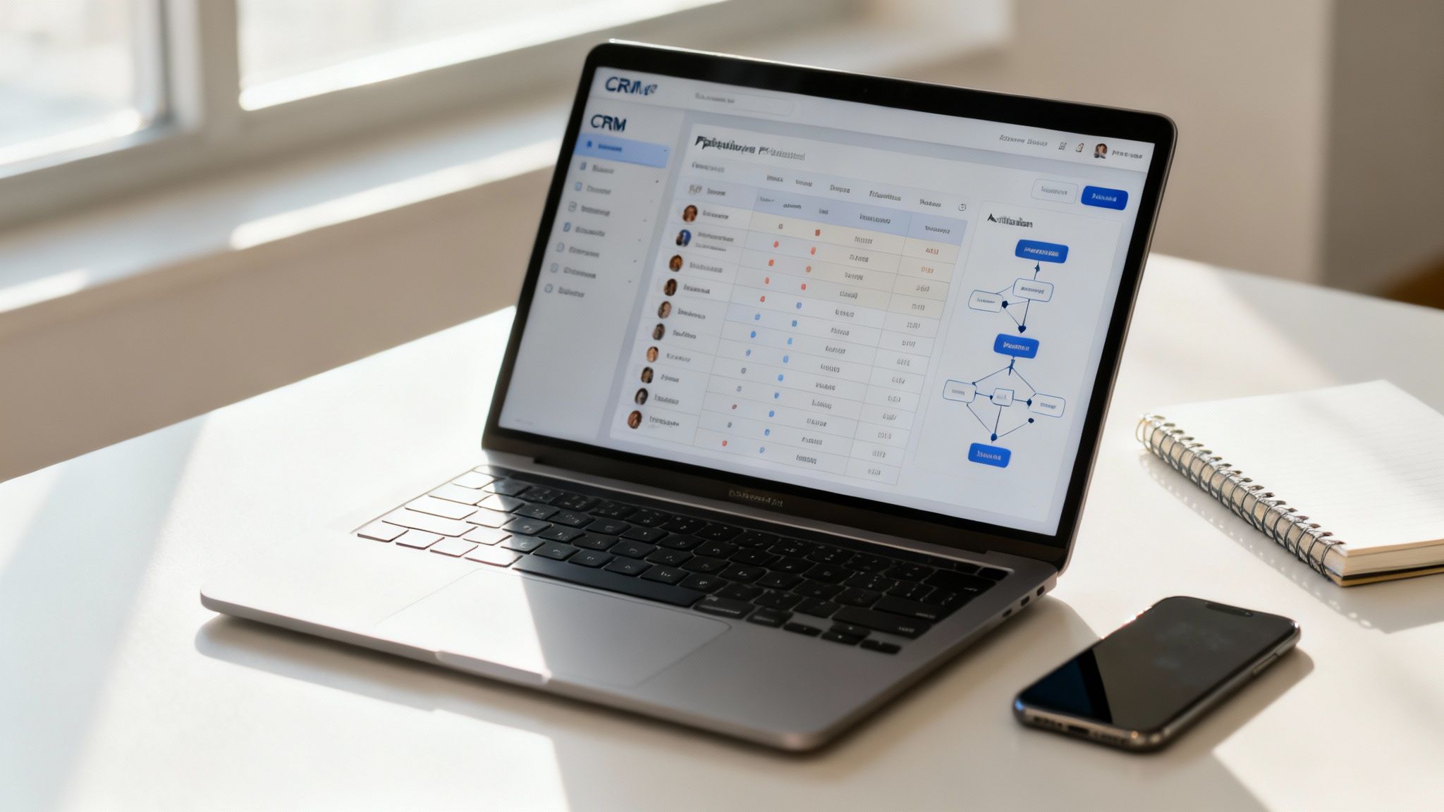 A laptop displaying a CRM dashboard and workflow diagram on a white desk with a smartphone and notebook.