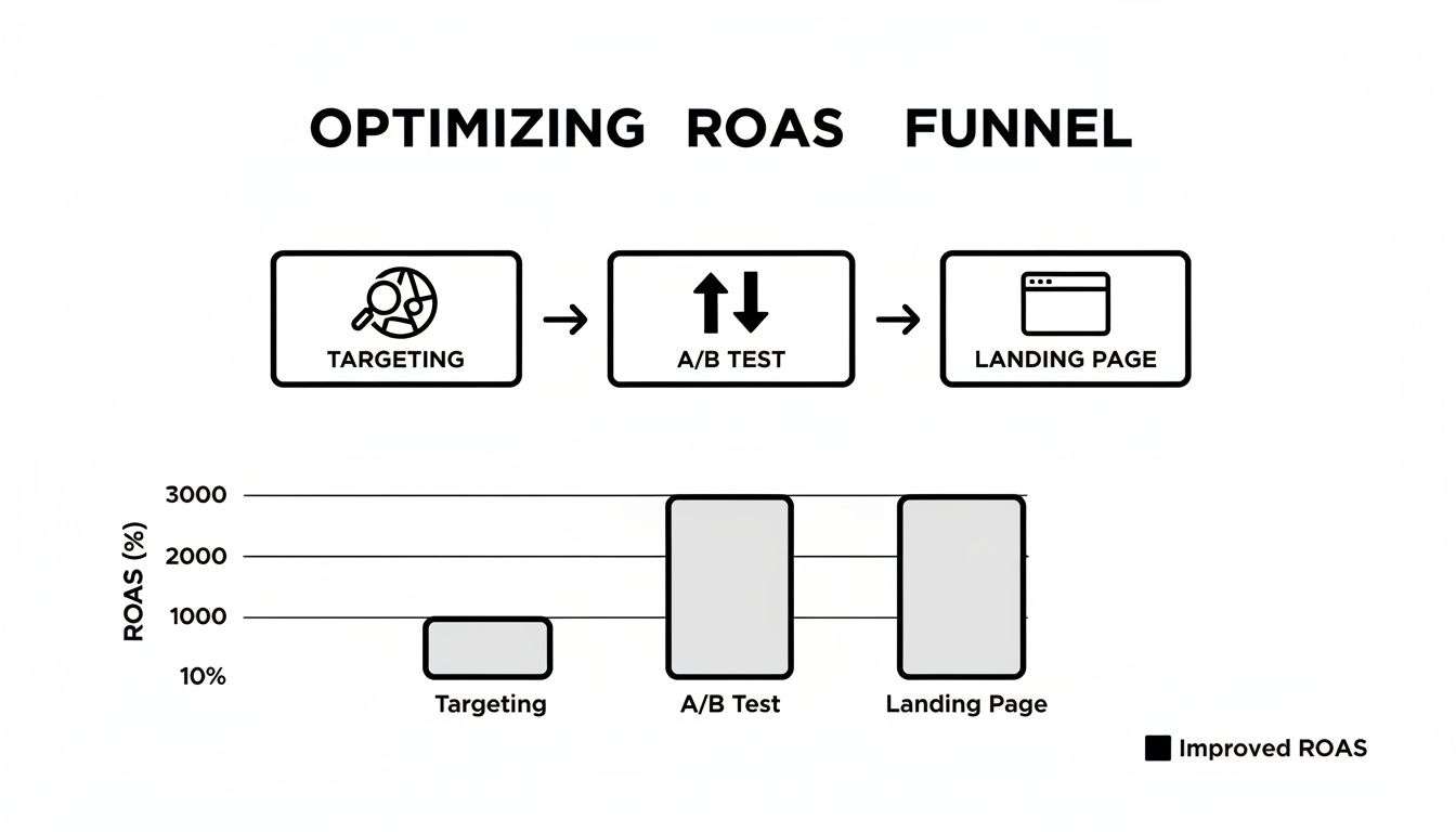 Diagram showing an ROAS optimization funnel: Targeting, A/B Test, Landing Page, with a bar chart illustrating improved ROAS.