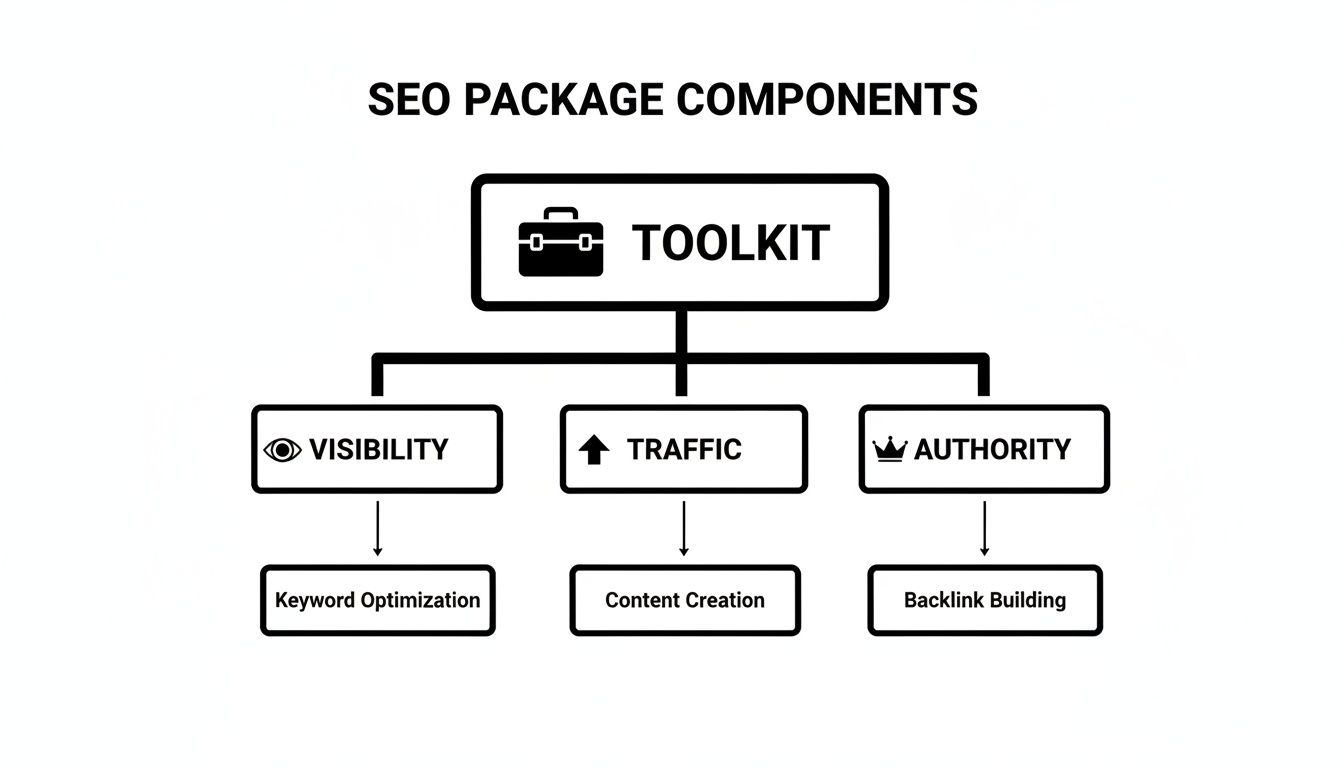 A flowchart diagram outlines SEO package components including toolkit, visibility, traffic, and authority.