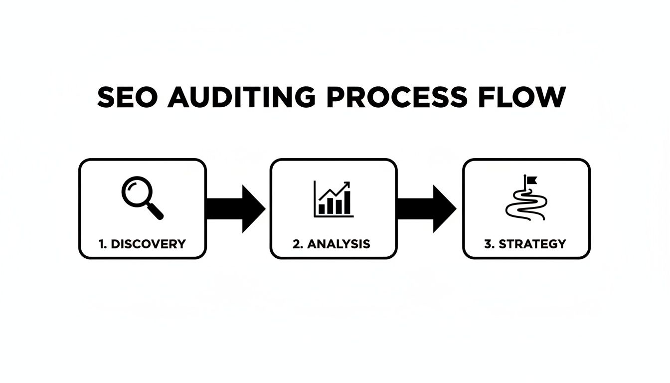 Flowchart illustrating the SEO auditing process with three steps: Discovery, Analysis, and Strategy.