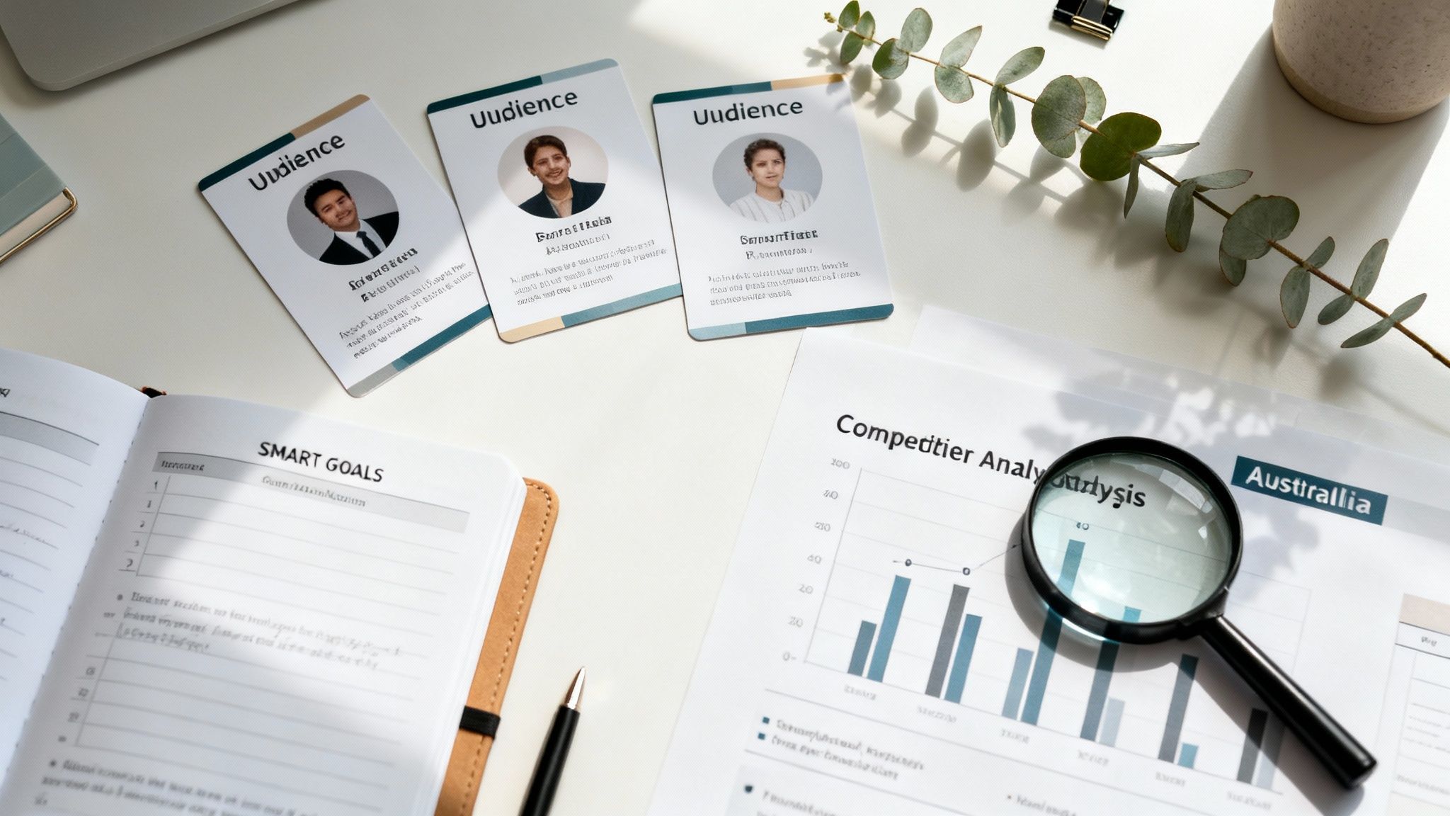 Flat lay of a marketing workspace with audience persona cards, smart goals notebook, and competitor analysis document.