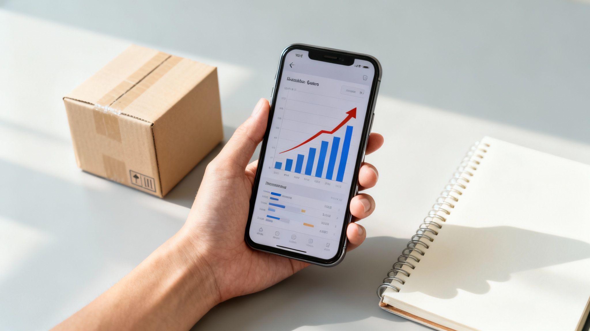 A hand holds a smartphone displaying a sales growth chart, with a cardboard box and notebook on a desk.