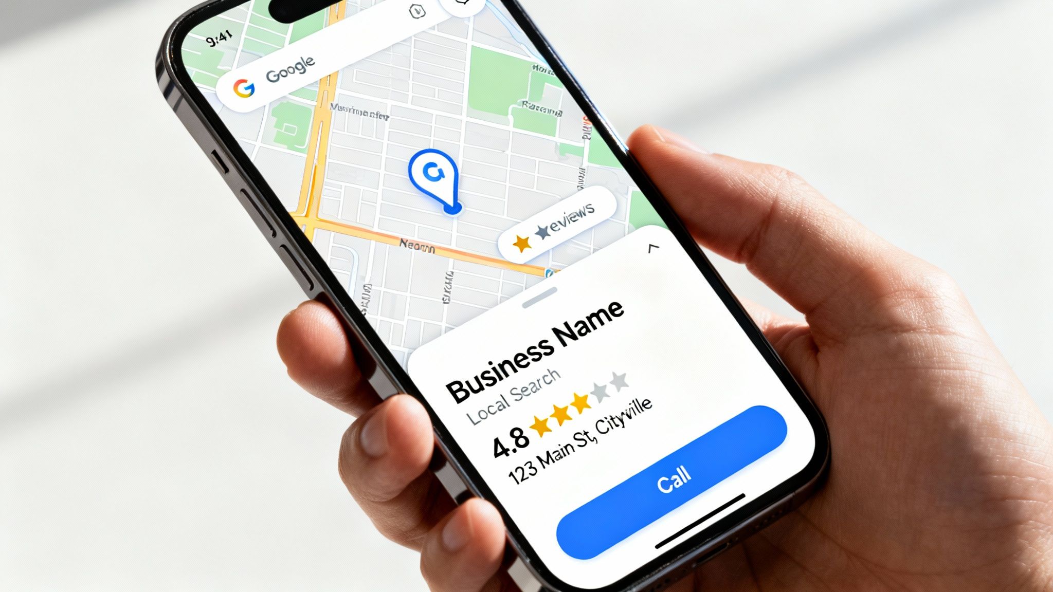 A hand holds a smartphone displaying a Google Maps business listing with a 4.8-star rating.