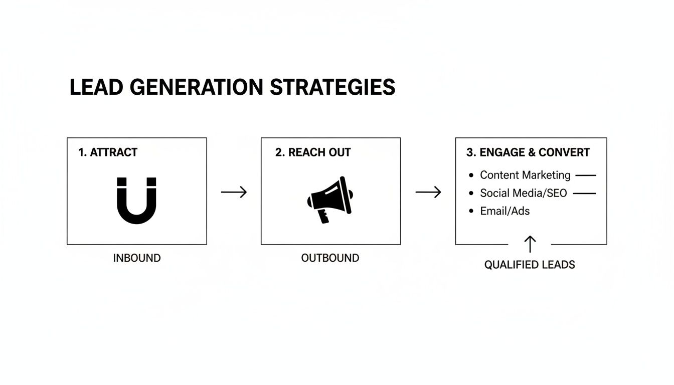 Flowchart illustrating three lead generation strategies: Attract, Reach Out, and Engage & Convert for qualified leads.