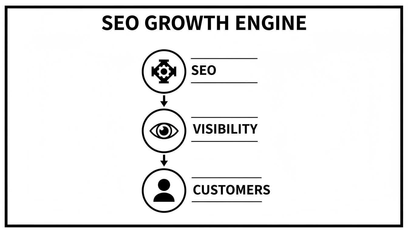 A black and white flowchart titled 'SEO Growth Engine' illustrating the progression from SEO to Visibility to Customers, each with a relevant icon.