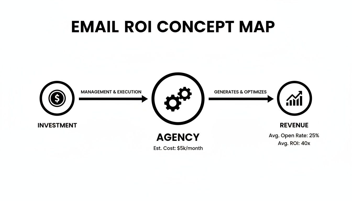 Email ROI concept map illustrating investment, agency execution with $5k/month cost, leading to revenue with 40x ROI.