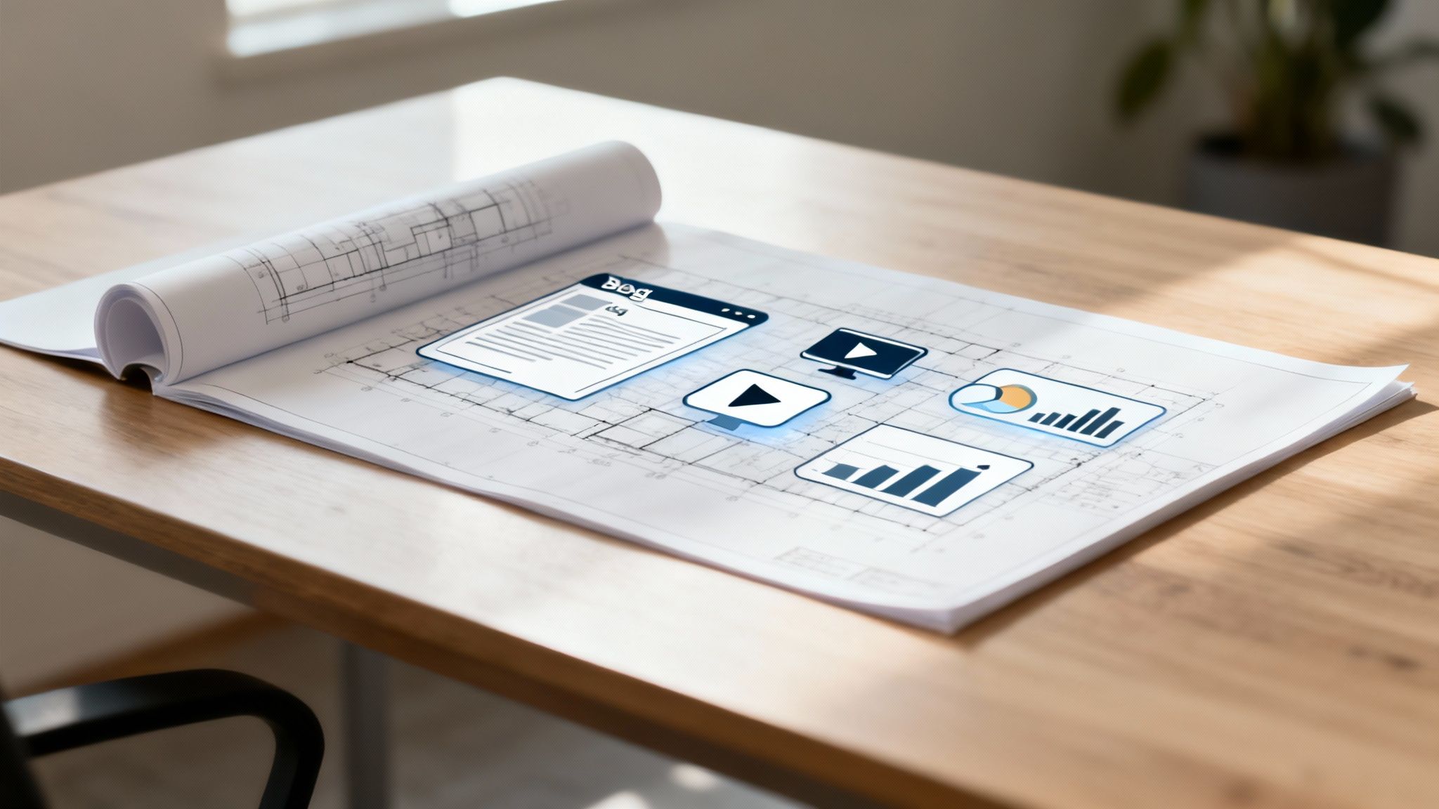 Digital marketing dashboard blueprint with analytics charts and video content elements on wooden desk