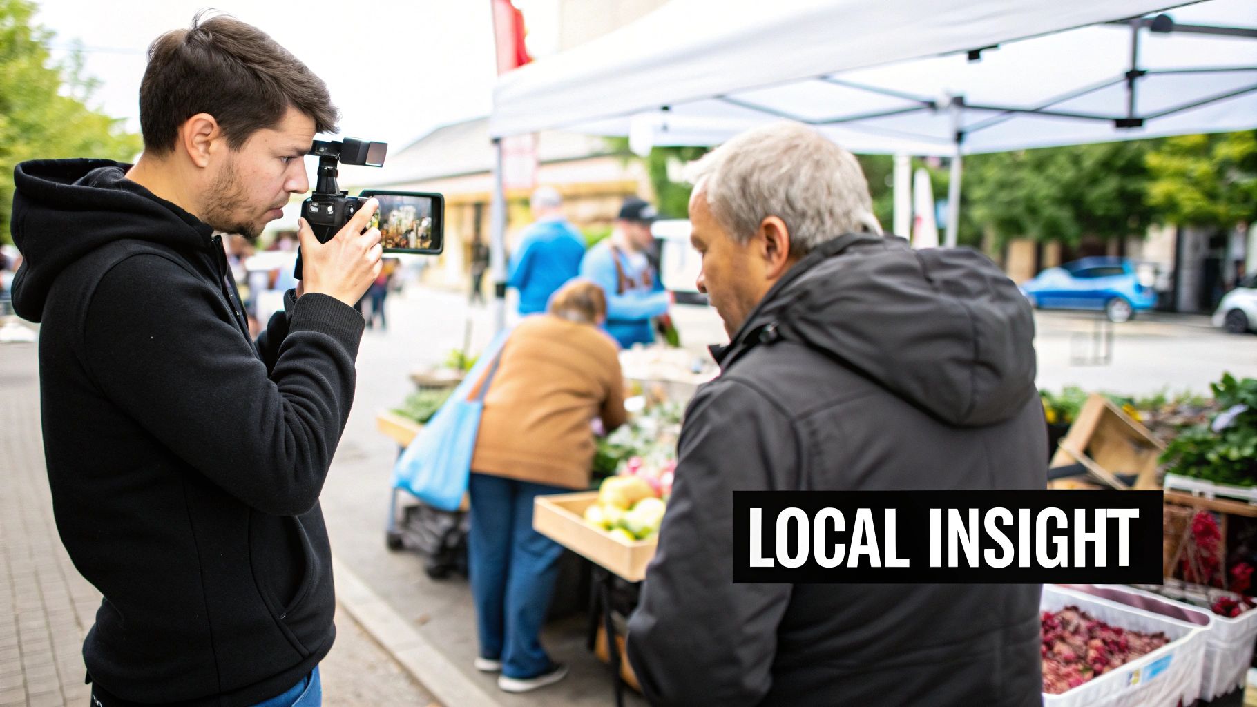 A team of social media marketers collaborating in a modern office, planning local campaigns on a large screen.