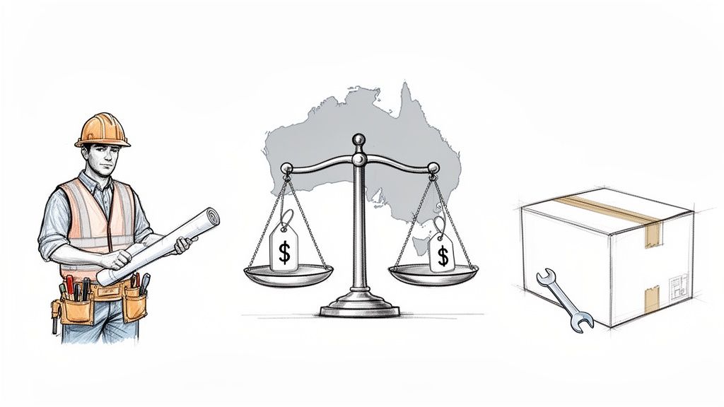 Illustration: A construction worker, scales balancing prices over Australia, and a box with a wrench.