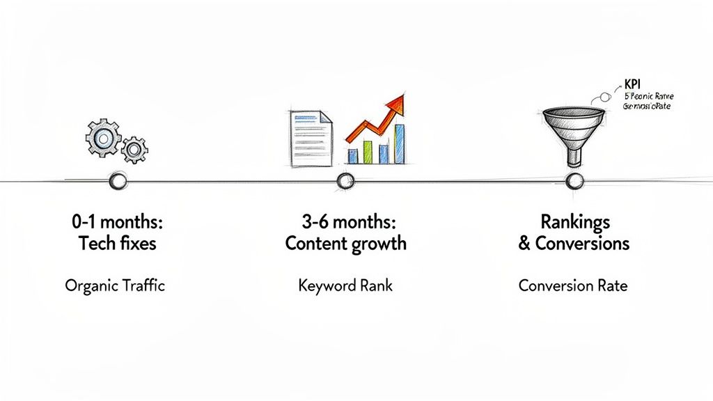 SEO strategy timeline illustrating phases for tech fixes, content growth, and achieving rankings and conversions.