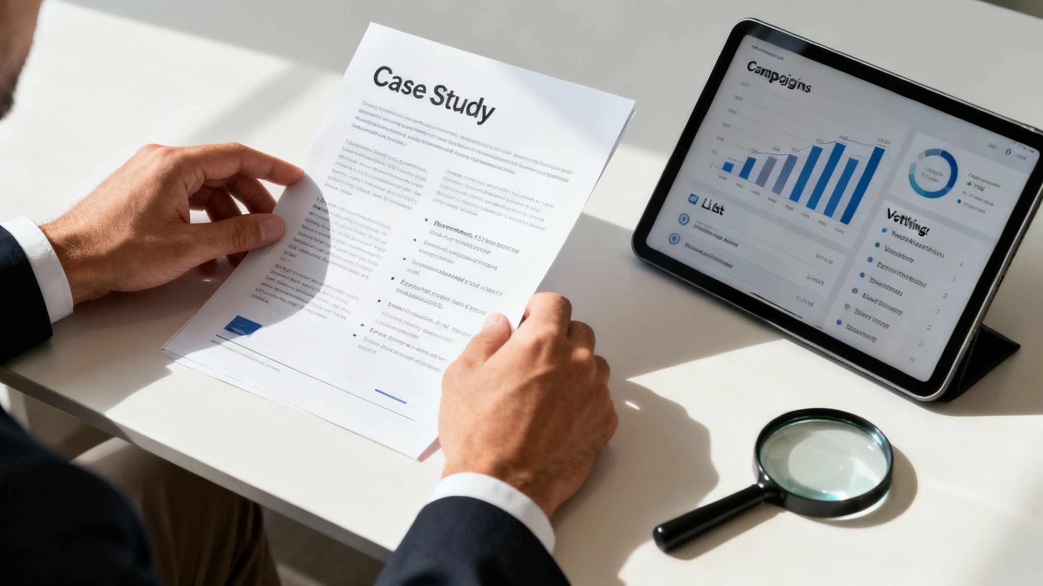 A person's hands holding a case study document, with a tablet displaying data and a magnifying glass nearby.