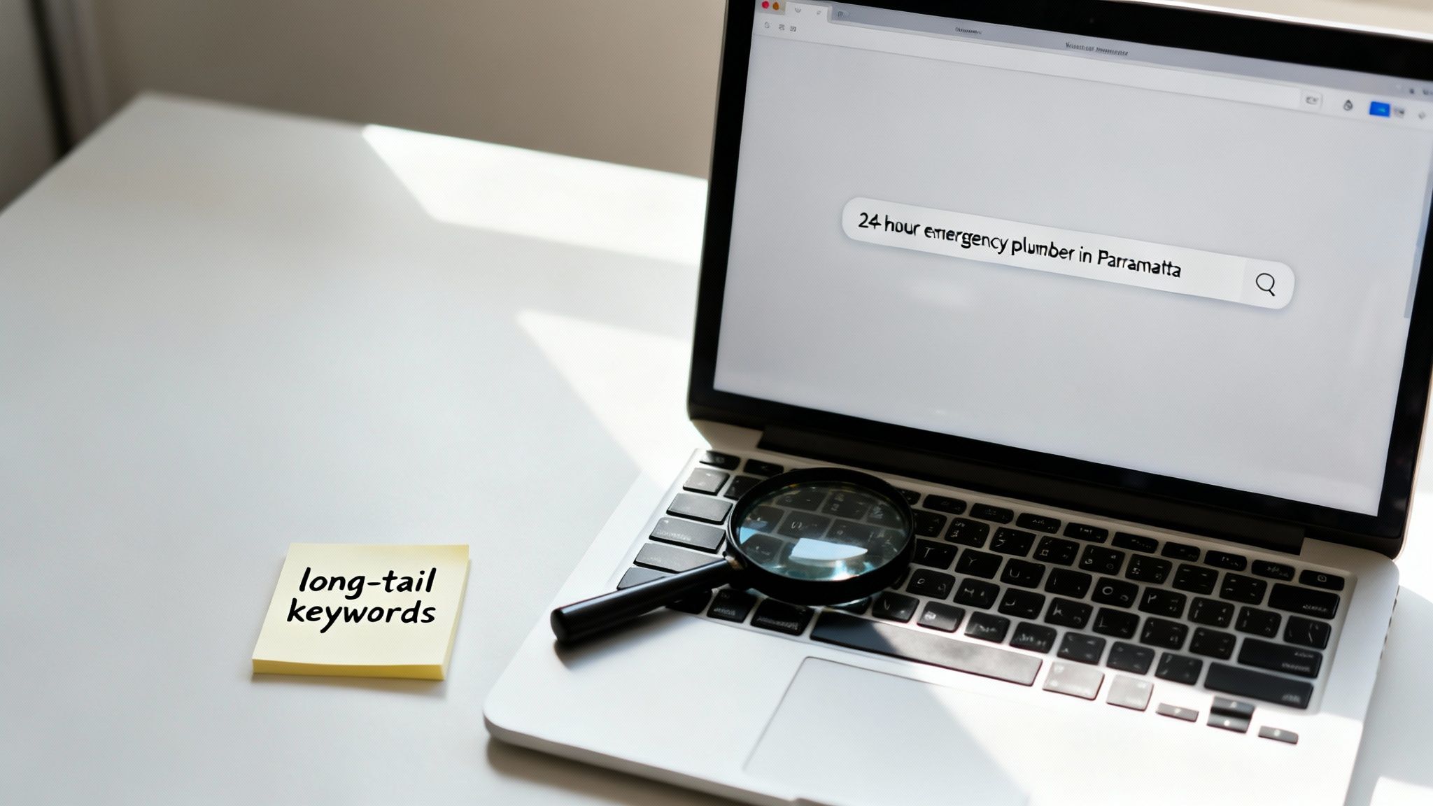 Laptop showing a long-tail keyword search for an emergency plumber, with a magnifying glass and 'long-tail keywords' note.