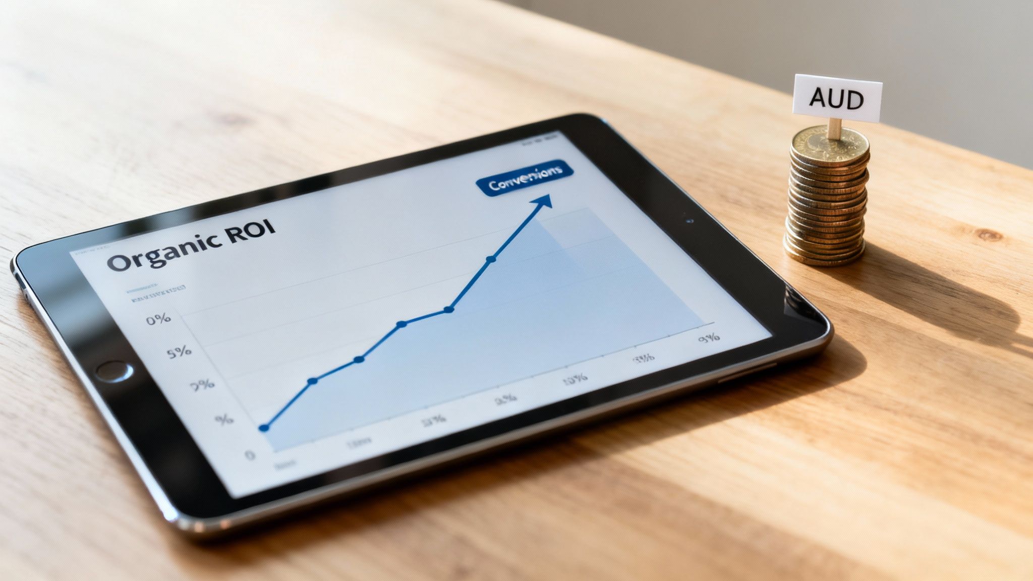 A tablet displays an 'Organic ROI' graph showing increasing conversions, next to a stack of AUD coins.
