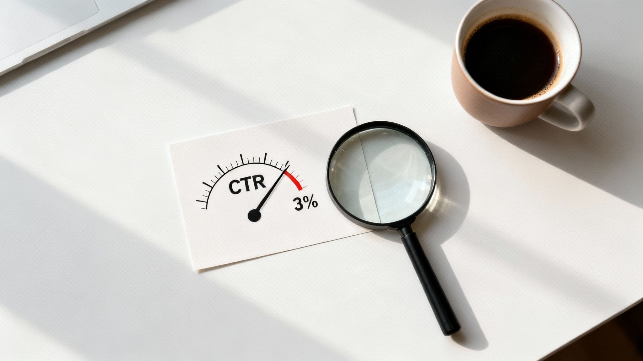A desk with a paper showing a CTR gauge at 3%, a magnifying glass, and a coffee cup.