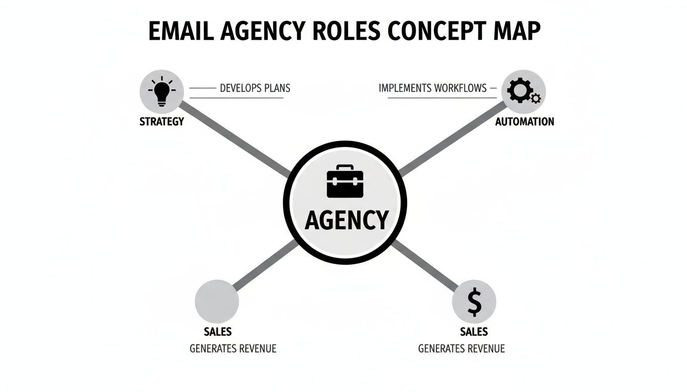 A concept map outlining an email agency's key roles: strategy, automation, and sales.