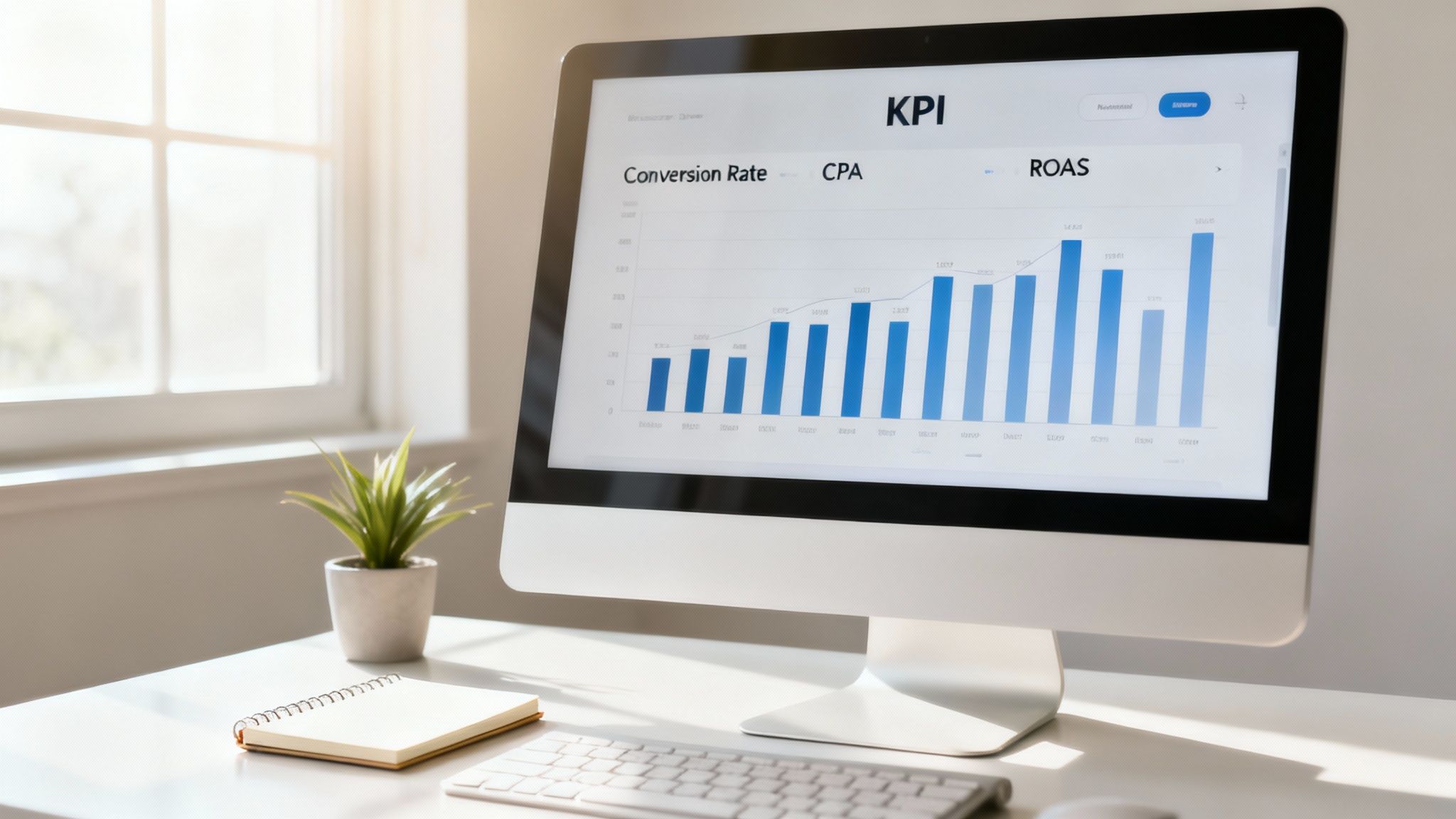 A clean desk with a computer monitor showing a digital marketing performance dashboard, including KPIs, Conversion Rate, CPA, and ROAS.