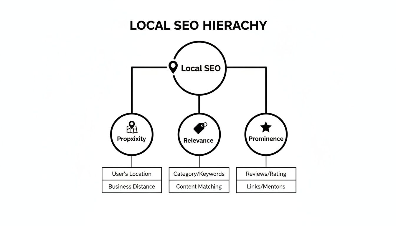 A diagram illustrating the Local SEO hierarchy, detailing Propximity, Relevance, and Prominence factors for search optimization.