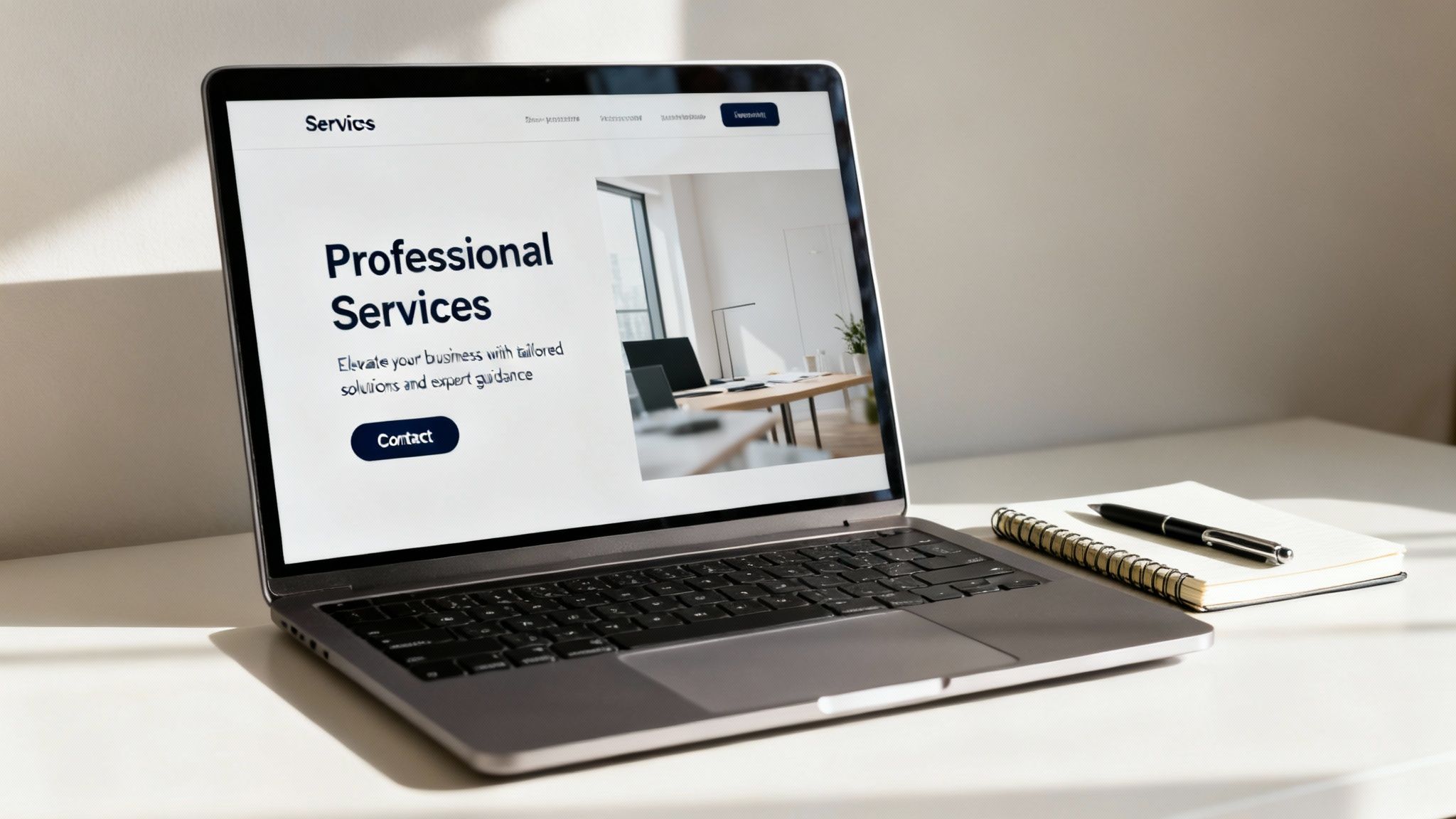 Laptop on a white desk displaying a 'Professional Services' website, next to a notebook and pen.