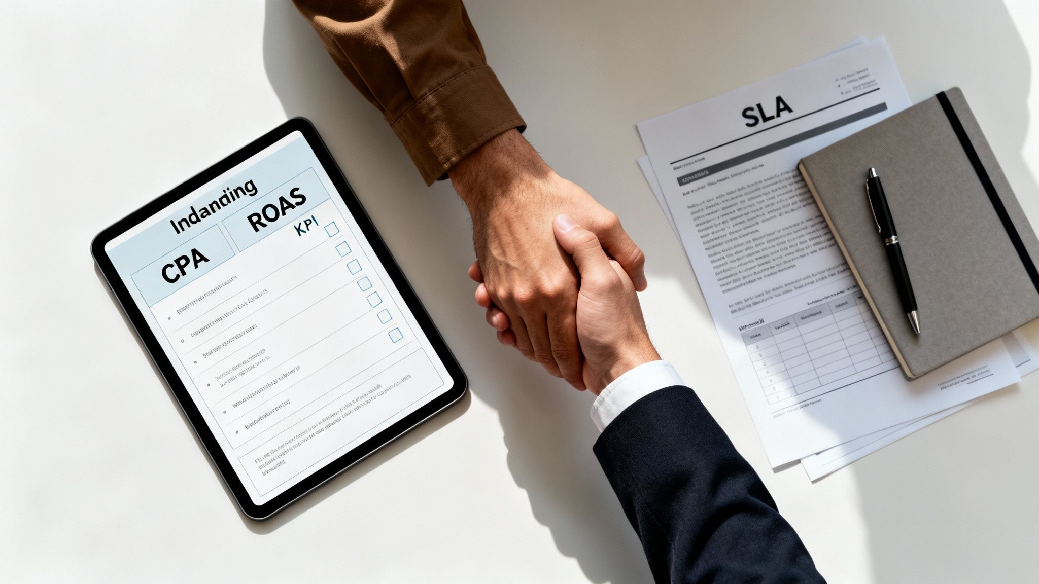 Two business professionals shaking hands over a table with a tablet displaying marketing KPIs and an SLA document.
