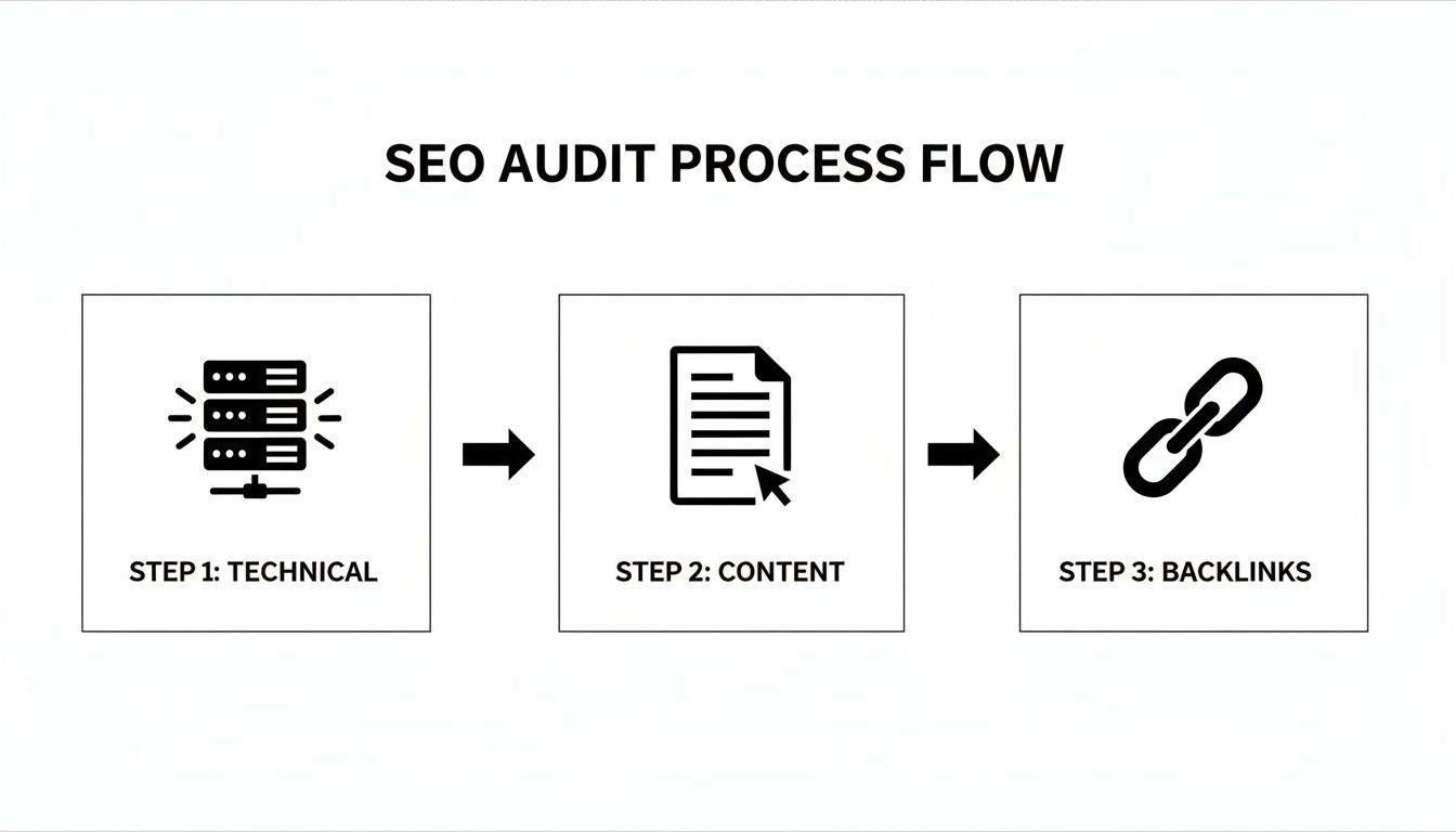 A three-step SEO audit process flow diagram showing technical, content, and backlink analysis.