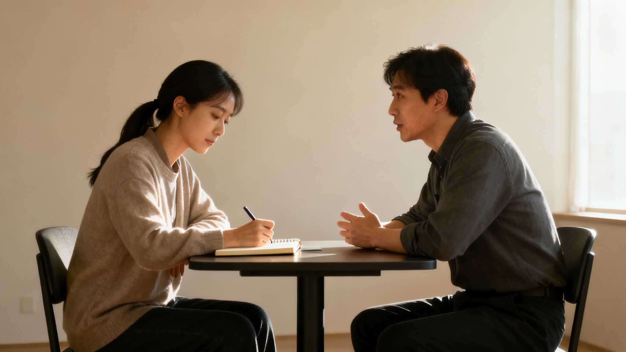 Two people collaborating on a laptop with sticky notes on a wall