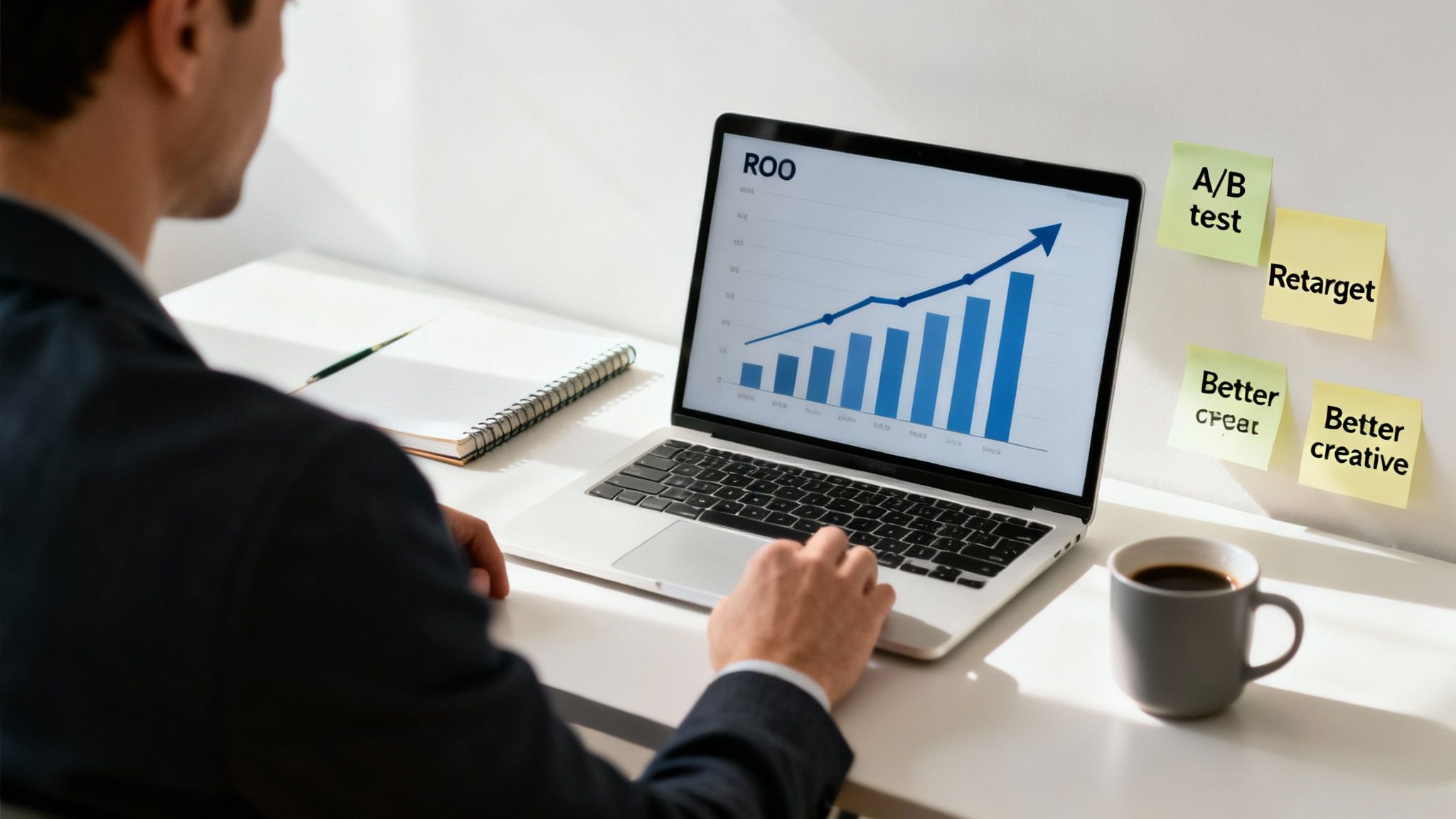 A business professional analyzes a rising ROO graph on a laptop, with strategic sticky notes nearby.