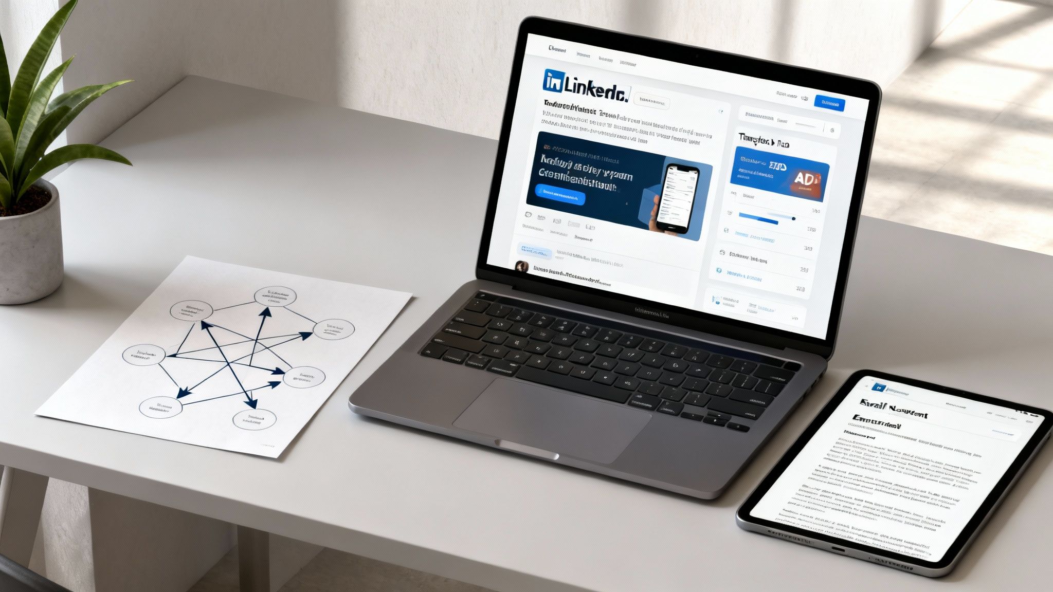 A modern, well-lit workspace featuring a laptop, tablet, diagram on paper, and a green plant.
