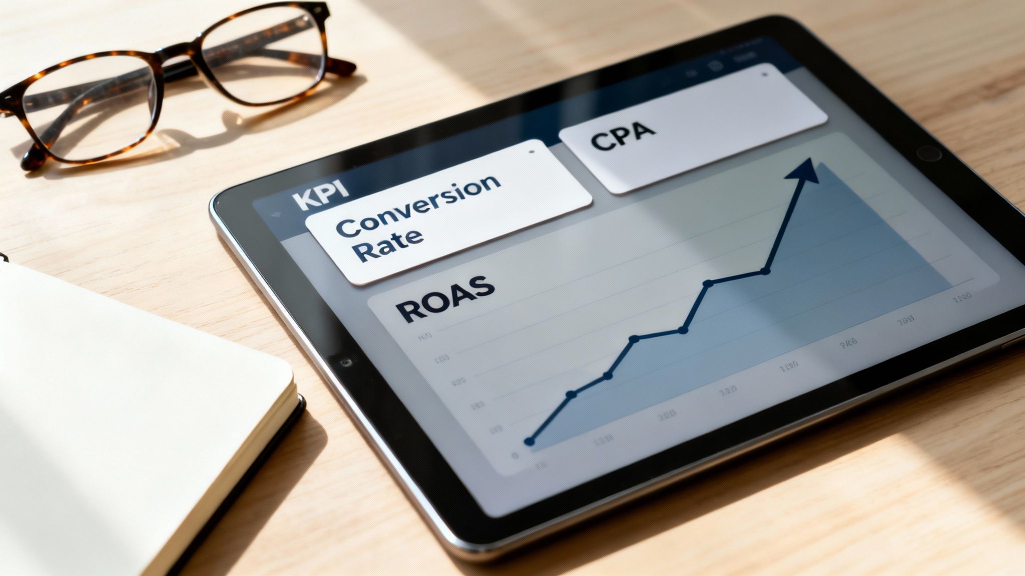 A tablet displays a digital marketing dashboard with Conversion Rate, ROAS, and a growth graph.