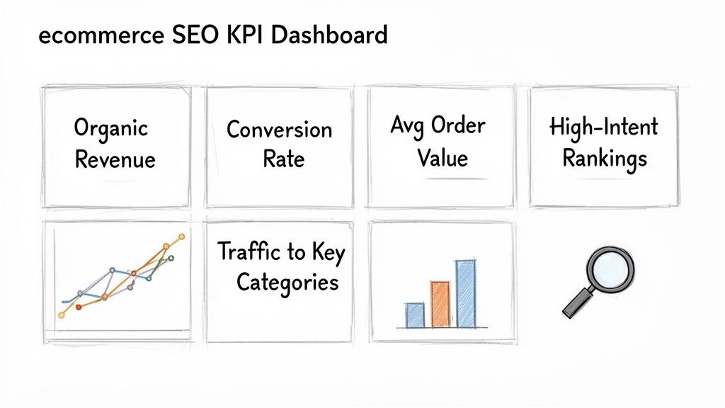 An ecommerce SEO KPI dashboard outlining key performance indicators like revenue, conversion, and rankings.