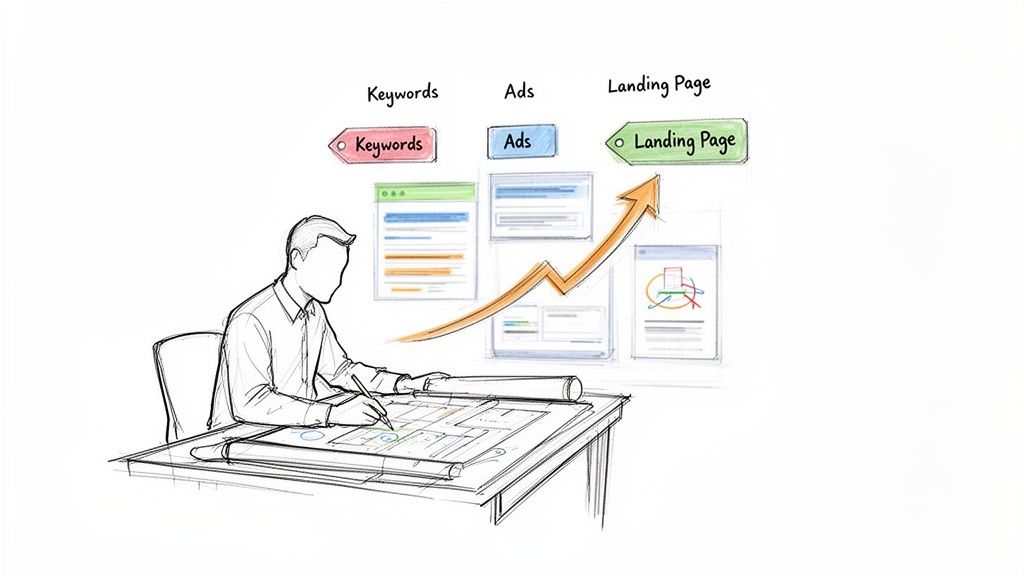 A person sketches a digital marketing strategy showing keywords, ads, and landing page optimization for growth.