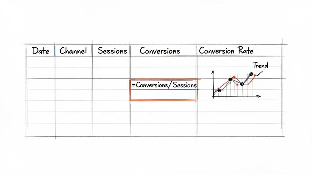 Hand-drawn spreadsheet showing conversion rate calculation formula and a line graph illustrating its trend.