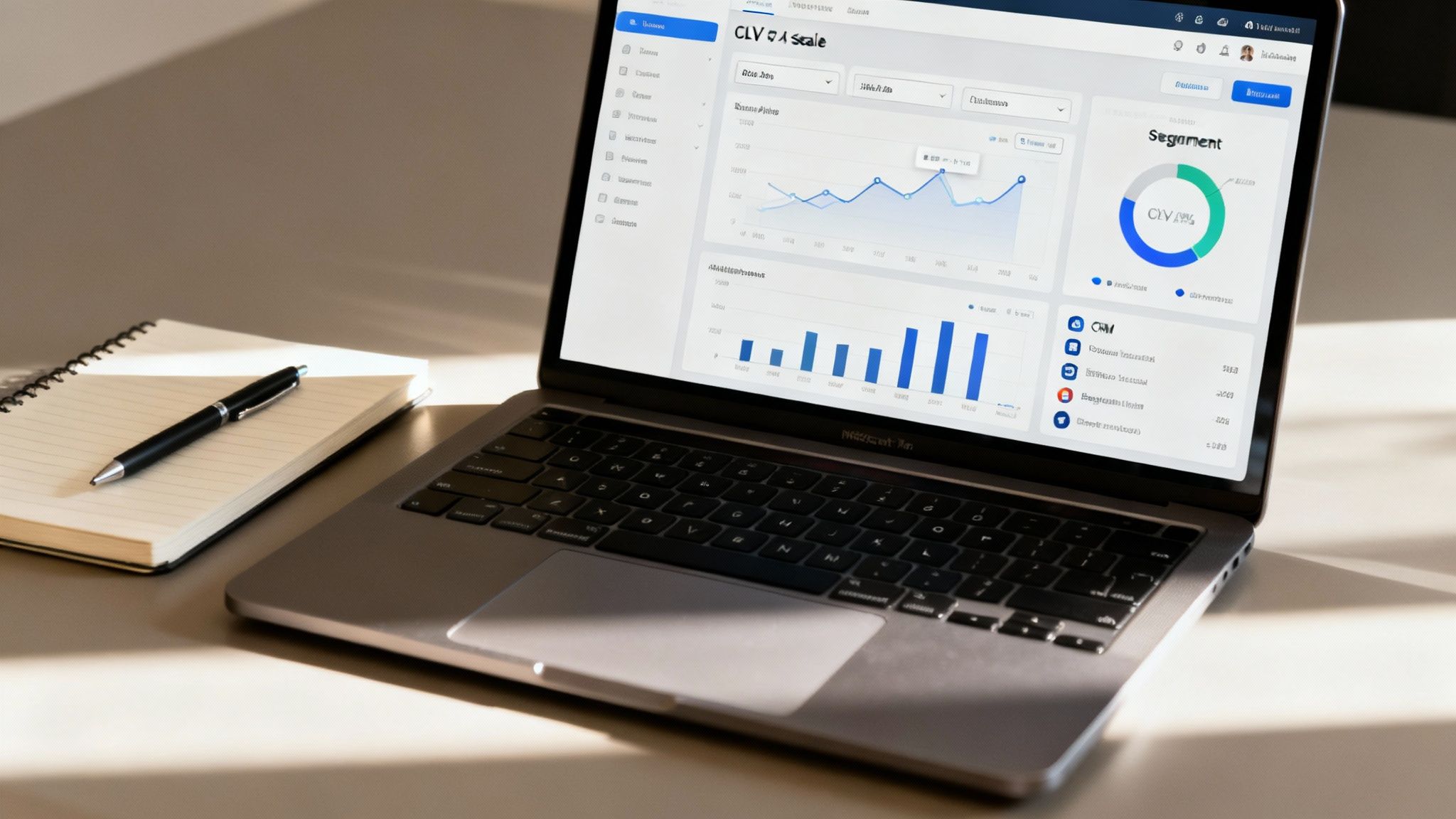 A laptop screen displays a detailed CLV analytics dashboard with charts, graphs, and a notebook with a pen.