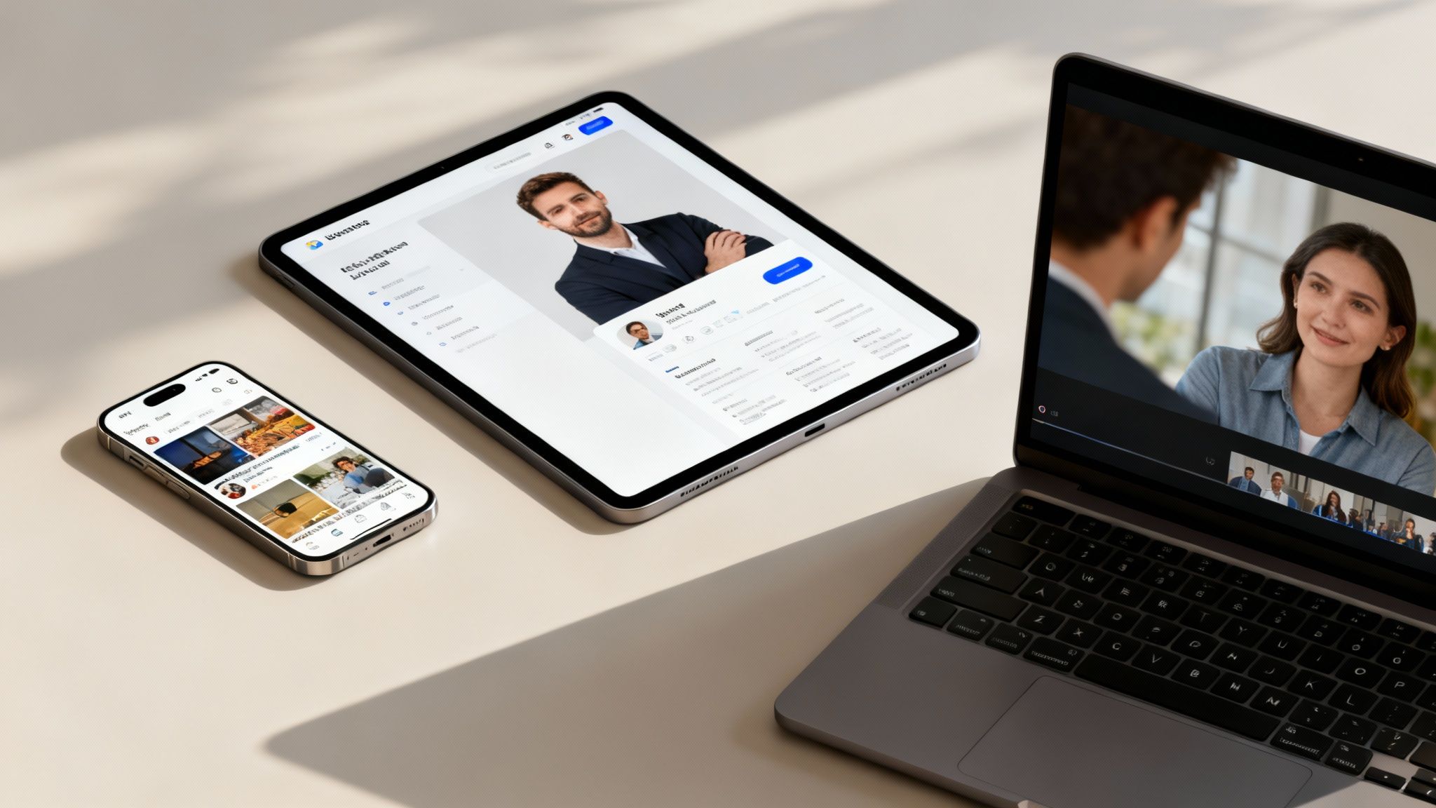 Digital devices: a phone with social media, a tablet with a profile, and a laptop with a video call.