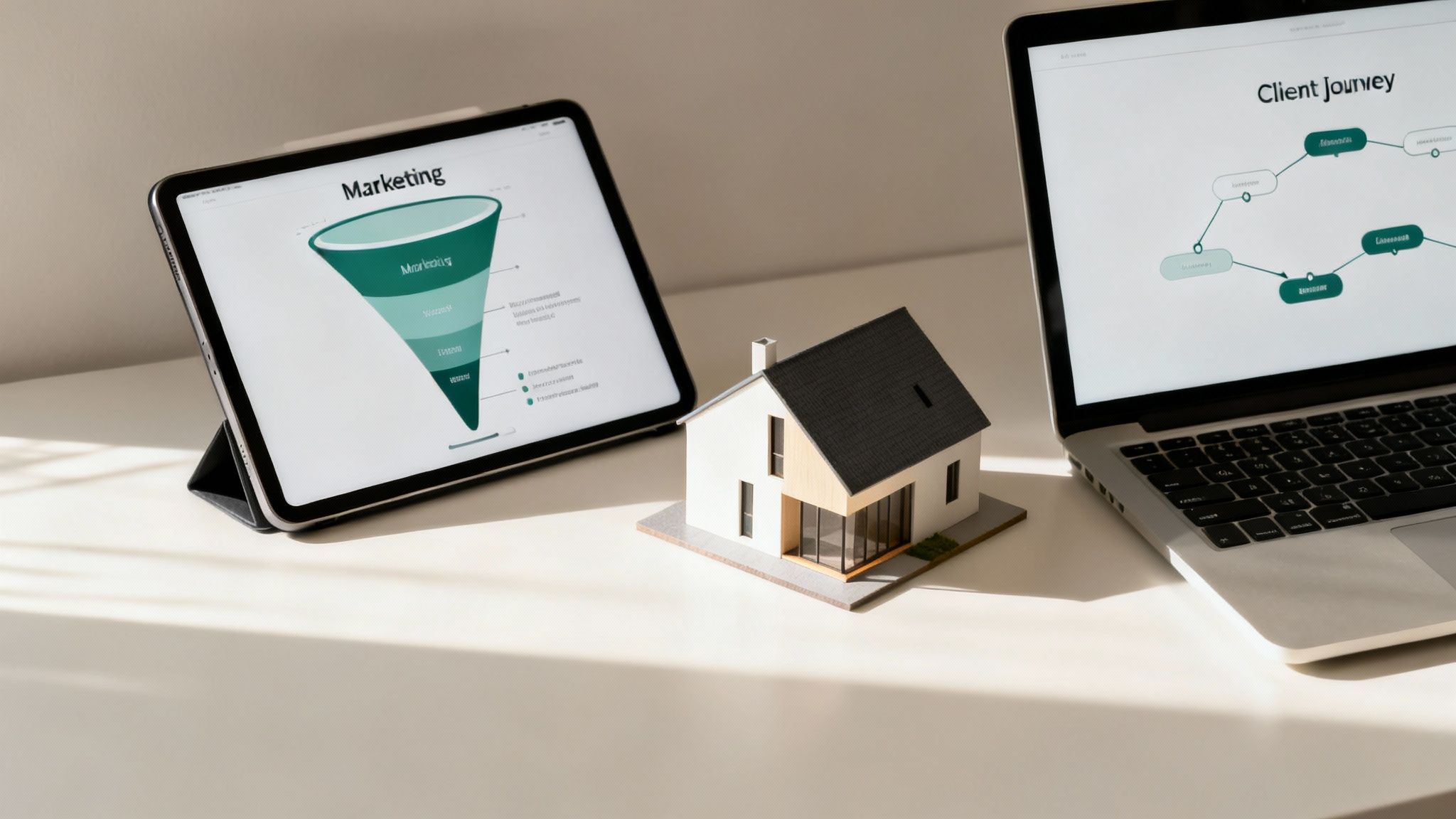 A tablet, laptop, and model house on a desk illustrate real estate marketing strategies.