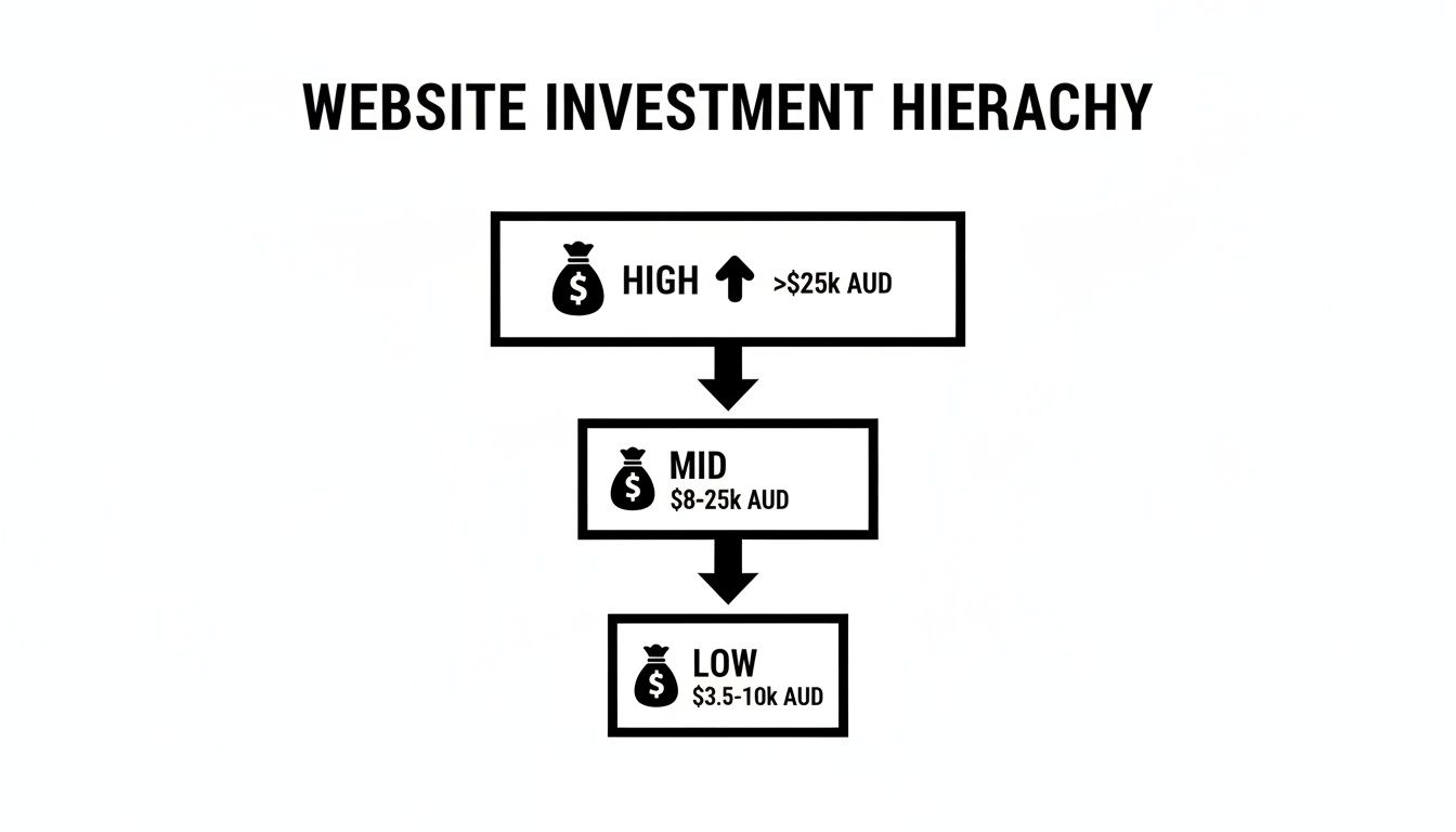 A website investment hierarchy chart illustrating high, mid, and low budget ranges in AUD.