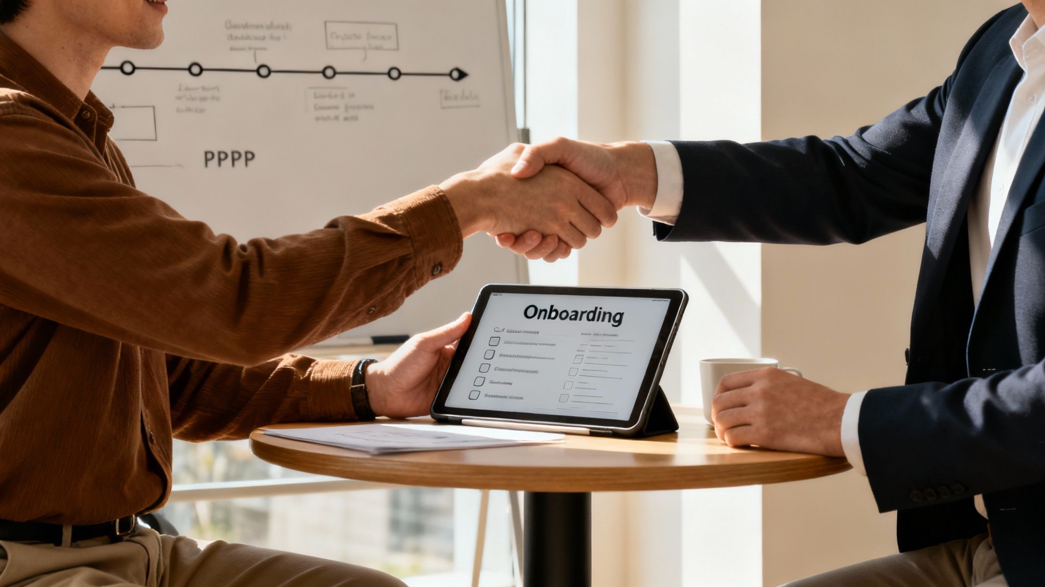 Two businessmen shake hands during an onboarding meeting, with a tablet displaying 'Onboarding' on the table.
