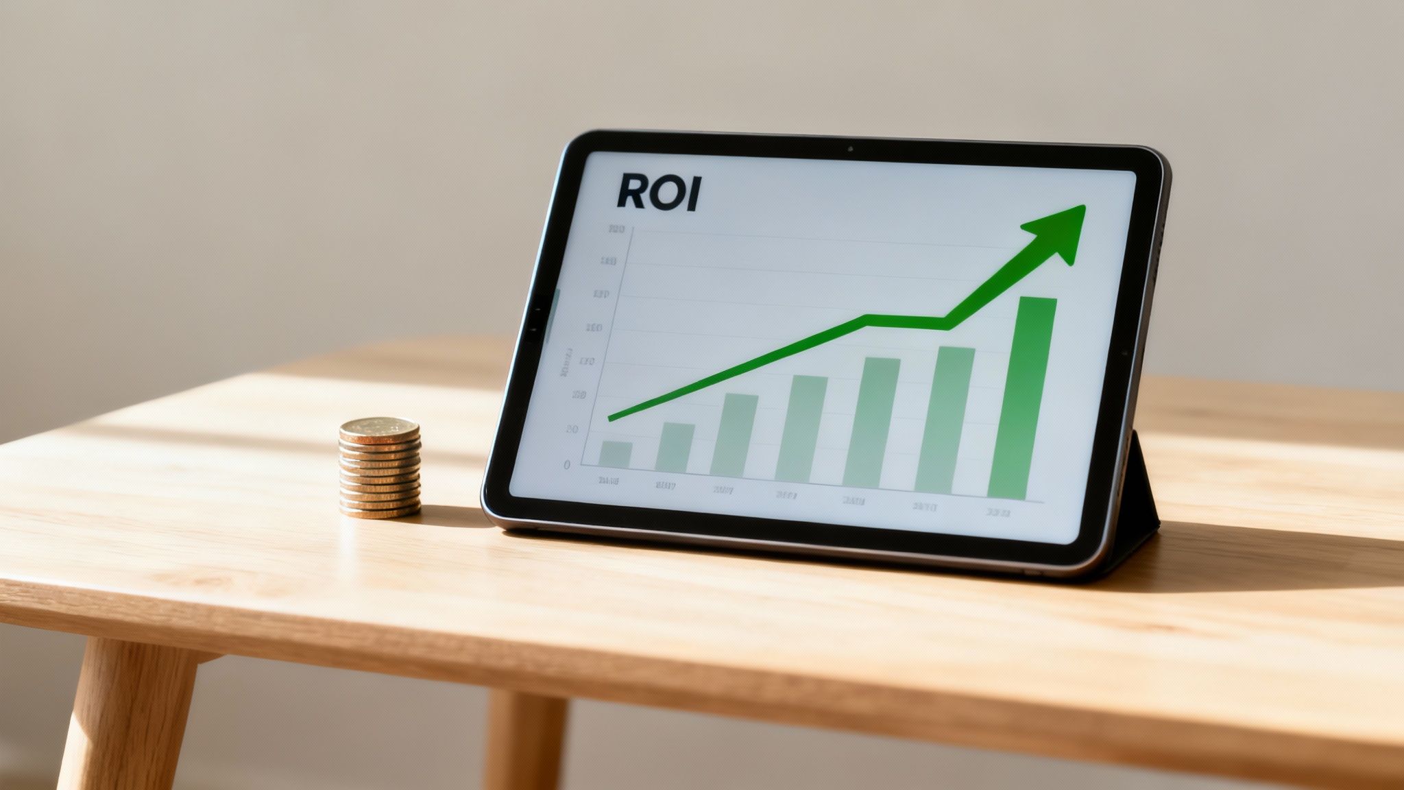 A tablet displays an ROI graph showing upward growth next to a stack of coins on a wooden table.