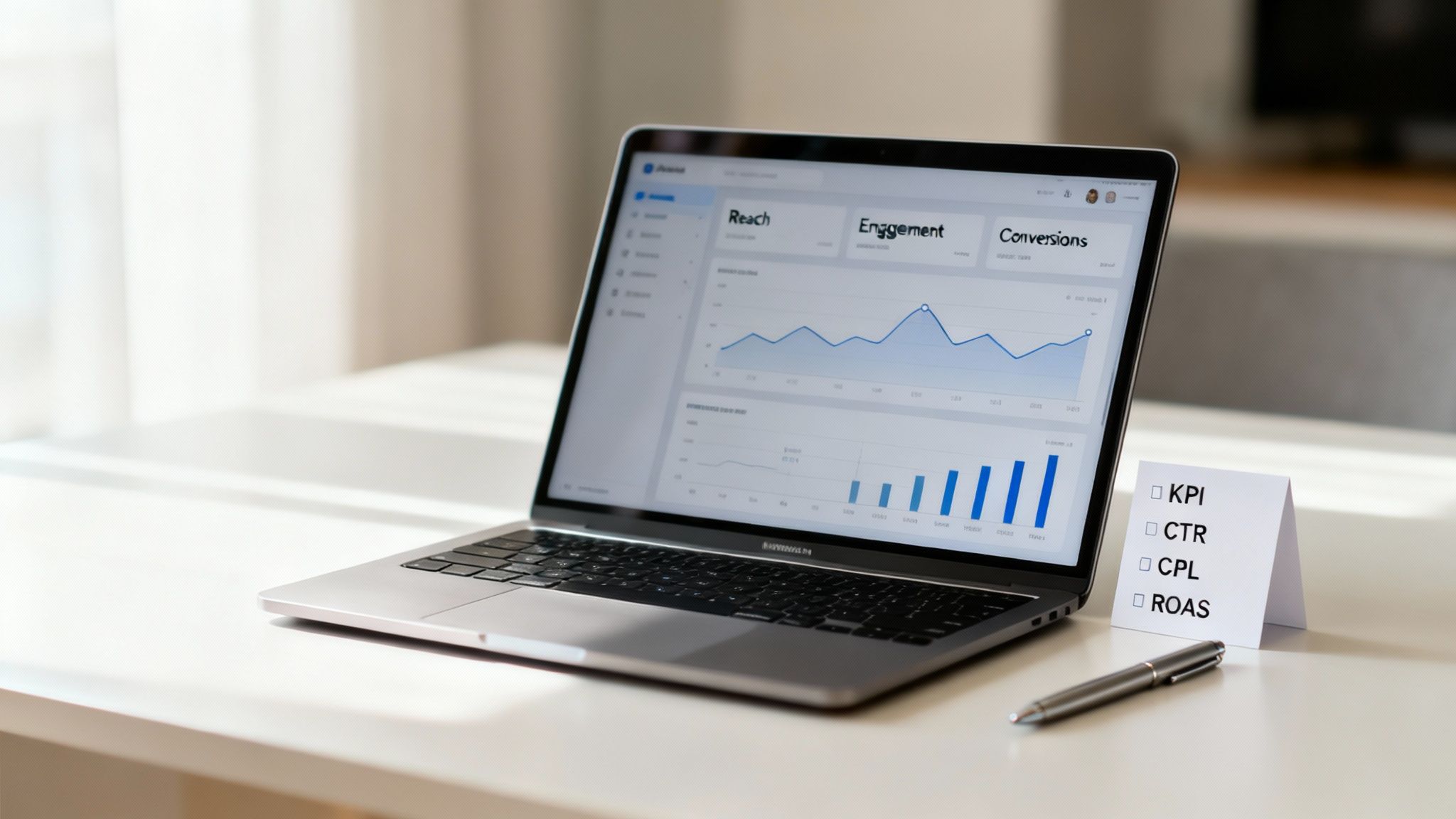 A silver laptop showing a marketing dashboard with graphs, next to a KPI list and a pen.