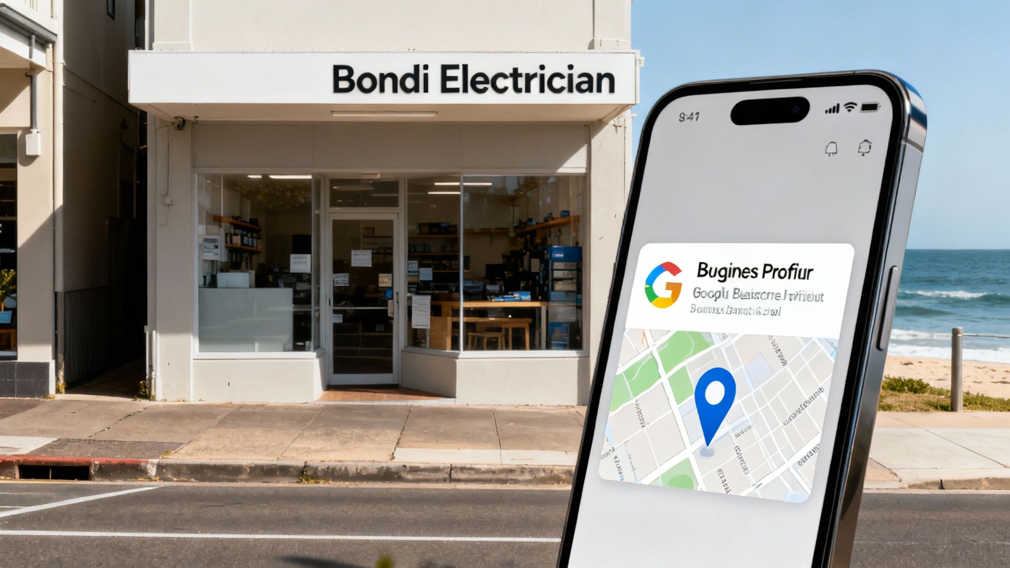 A smiling local shop owner standing in front of their store, a map pin icon floating above the building, representing local SEO success.