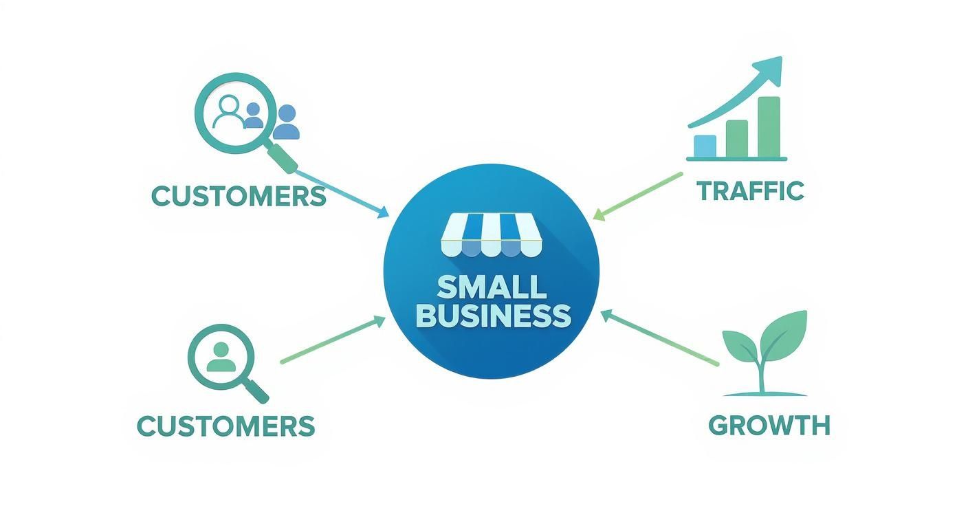 An infographic illustrating how customers, traffic, and growth contribute to a small business.
