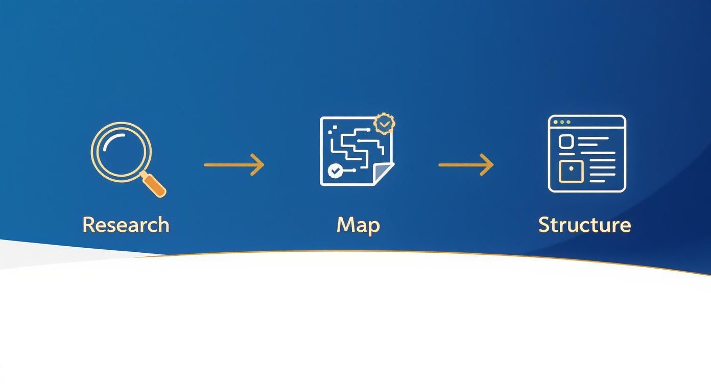 A three-step process showing Research, Map, and Structure, with icons for each stage.