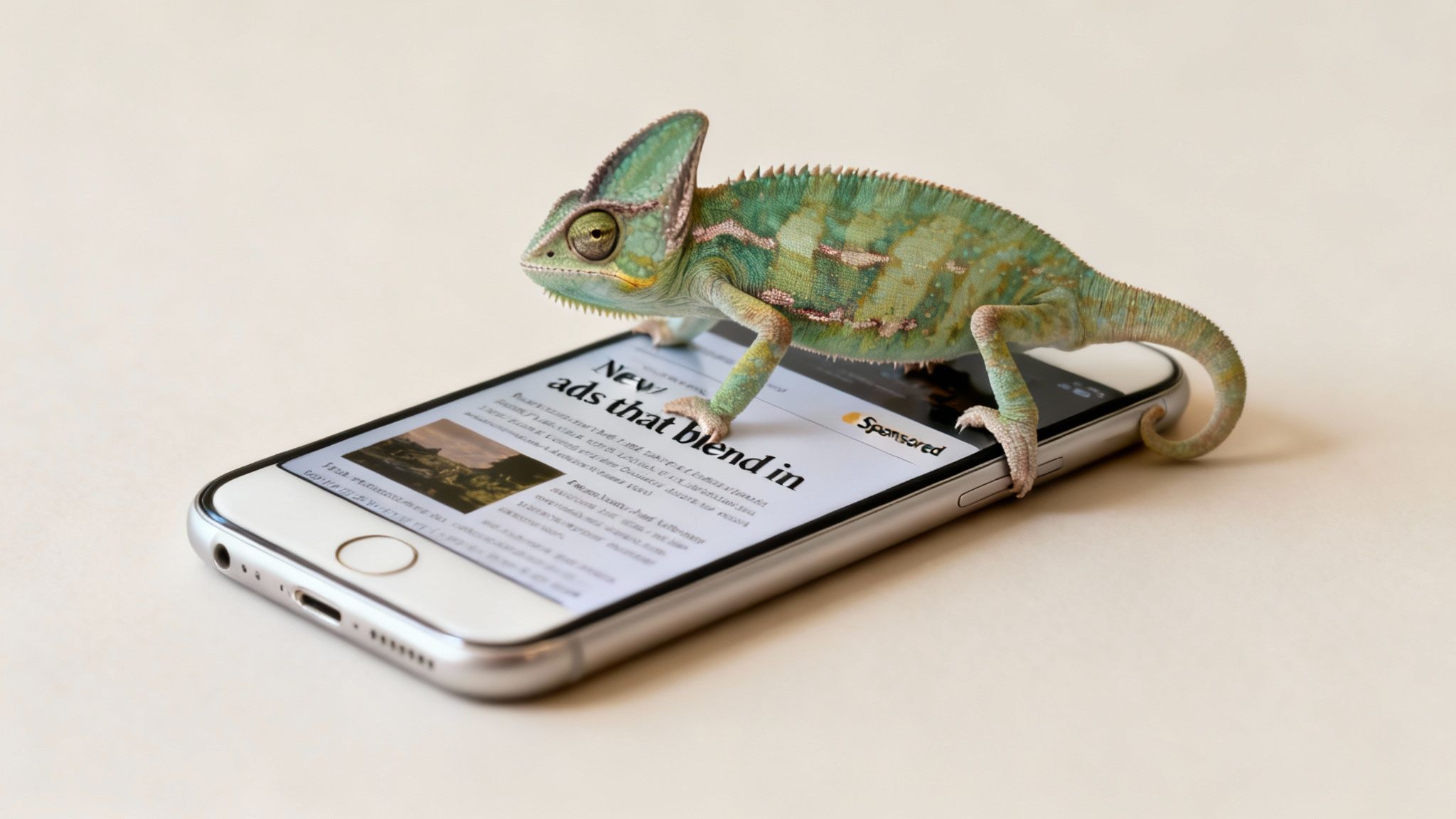 A chameleon stands on a smartphone displaying text about new ads that blend in, symbolizing native advertising.