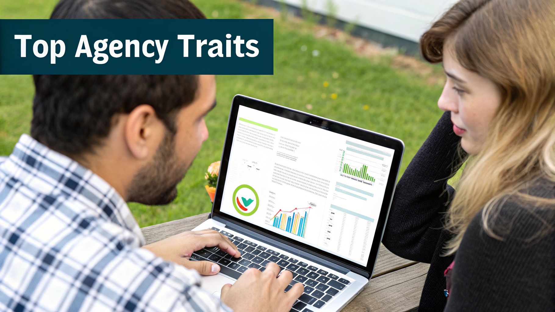 A team of marketing professionals collaborating around a table, reviewing analytics on laptops and tablets.