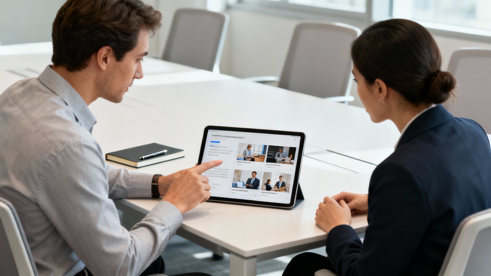Two business professionals discussing content on a tablet in a modern office meeting room.