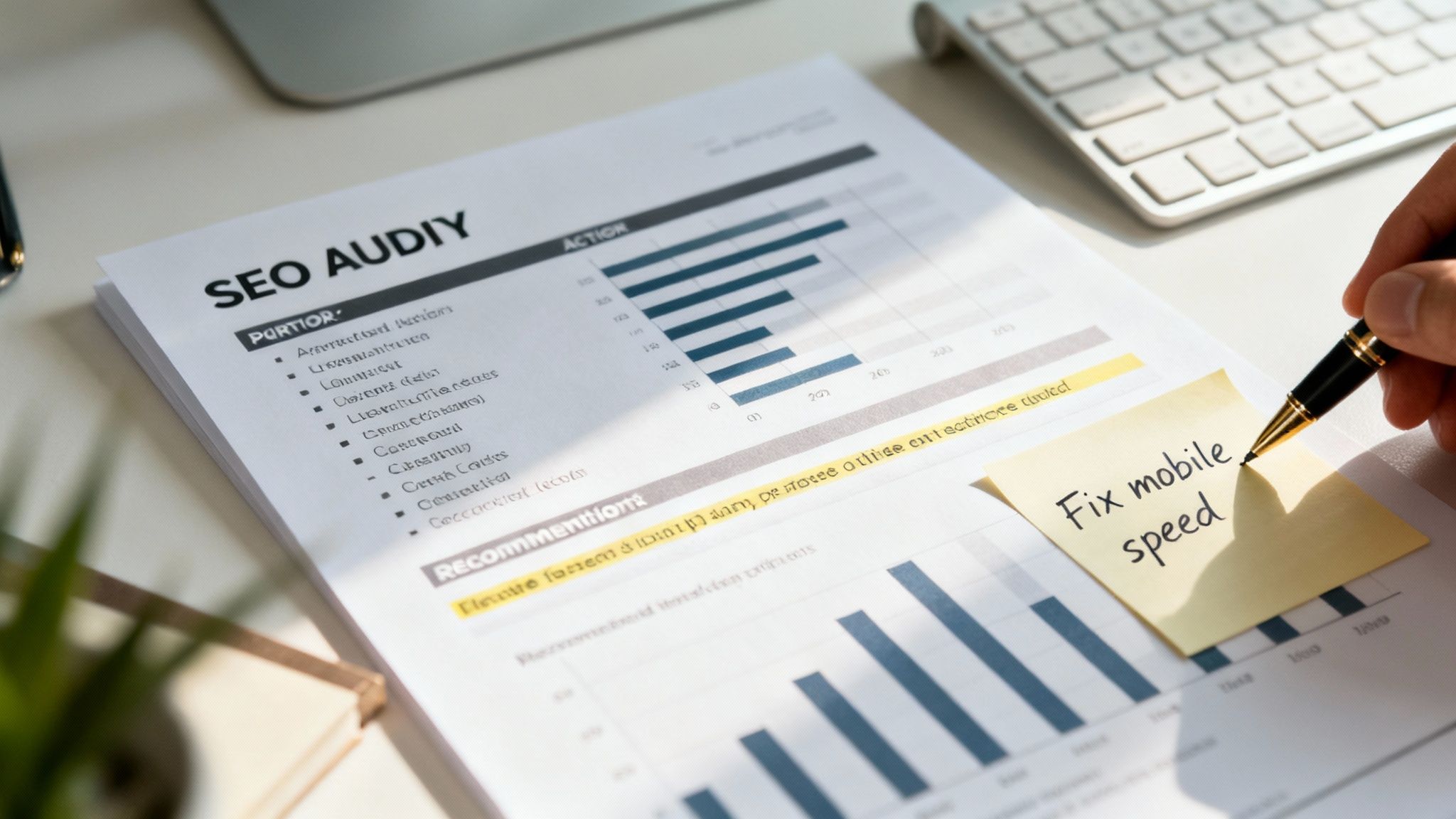 A hand with a pen writing 'Fix mobile speed' on a sticky note during an SEO audit.