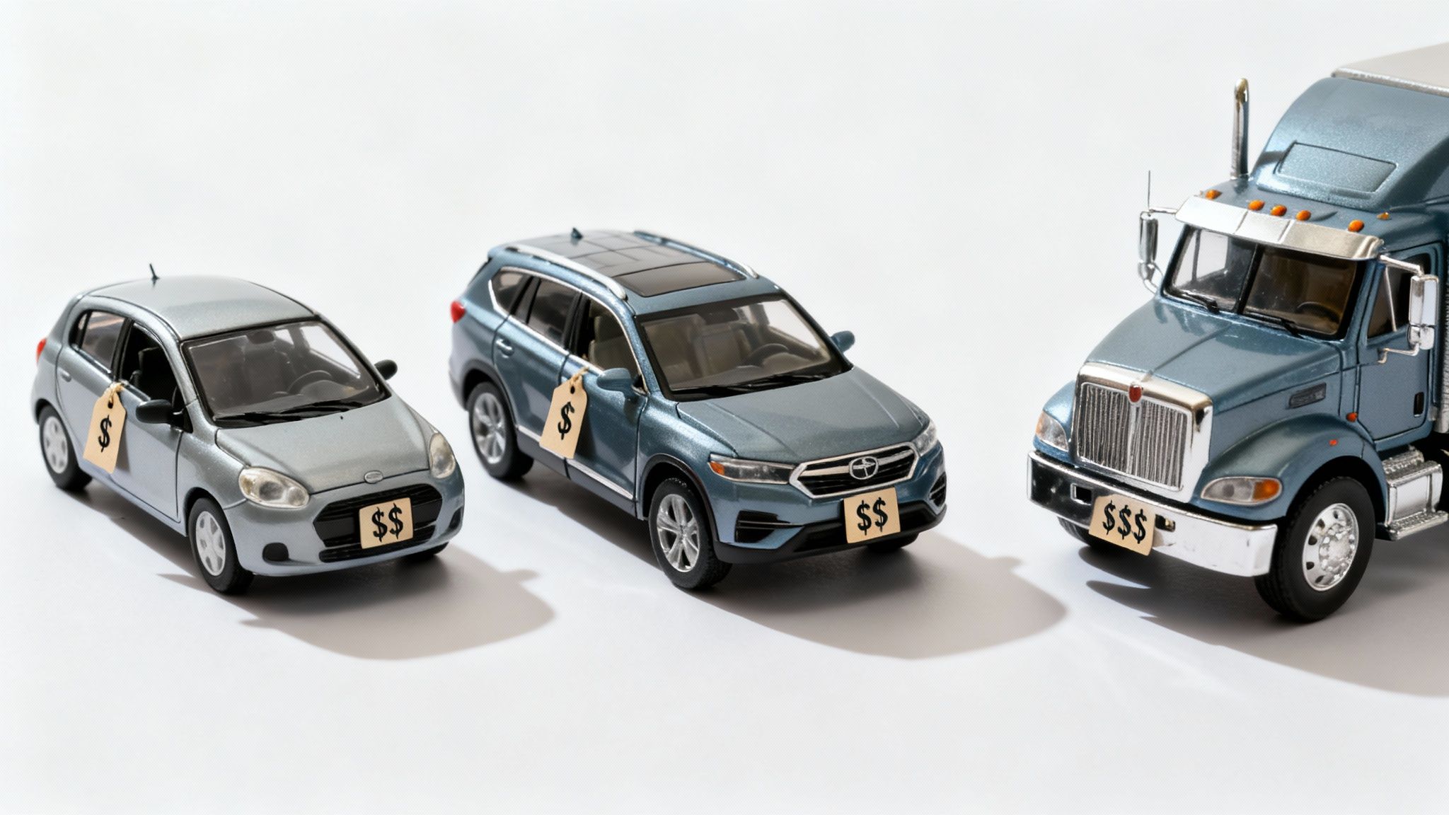 Miniature models of a car, SUV, and semi-truck, each with dollar sign price tags.