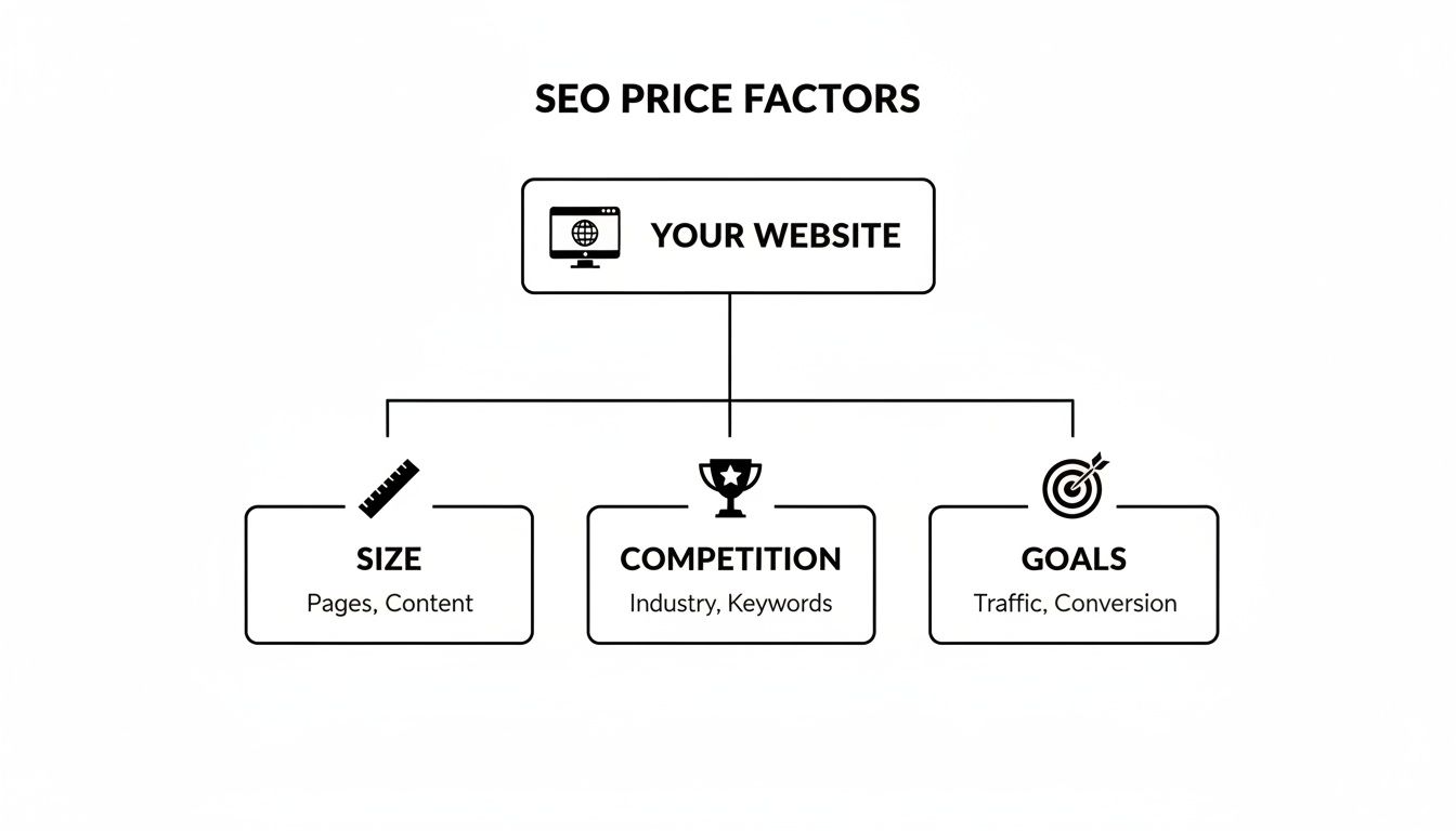 Diagram explaining SEO pricing elements, including website size, market competition, and business objectives.